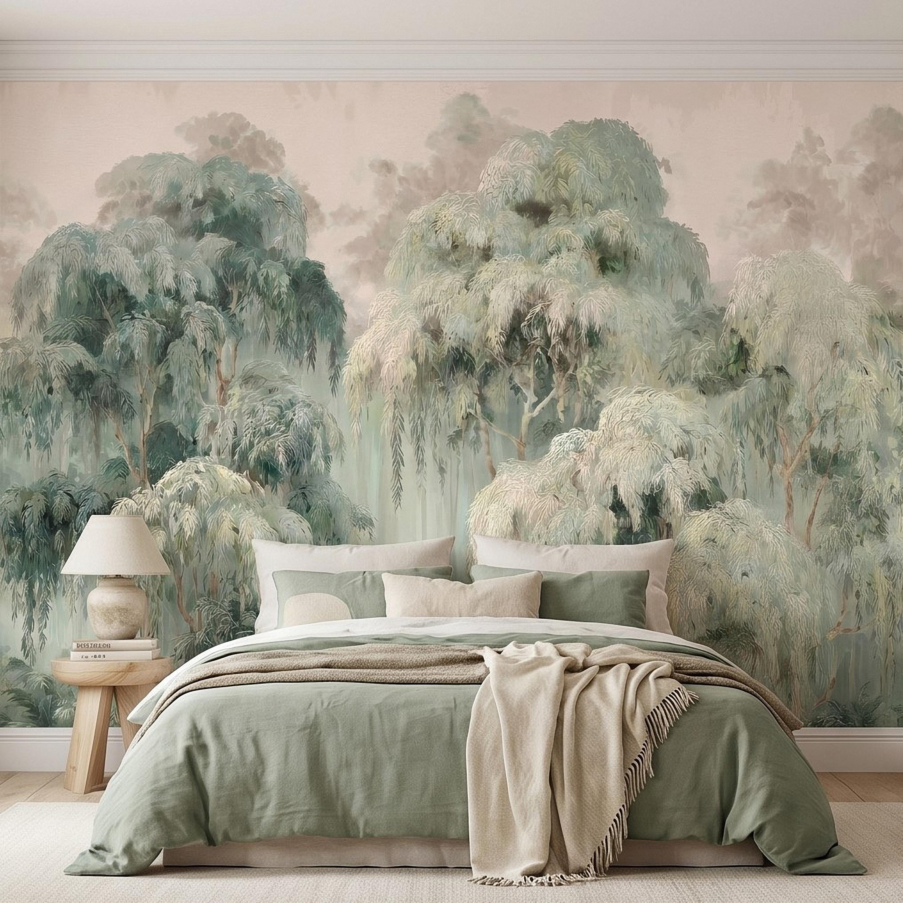 Misty Eucalyptus Forest Peel and Stick Wall Mural, Sage Green Woodland Trees, Soft Botanical Landscape Scene, Nature Wallpaper
