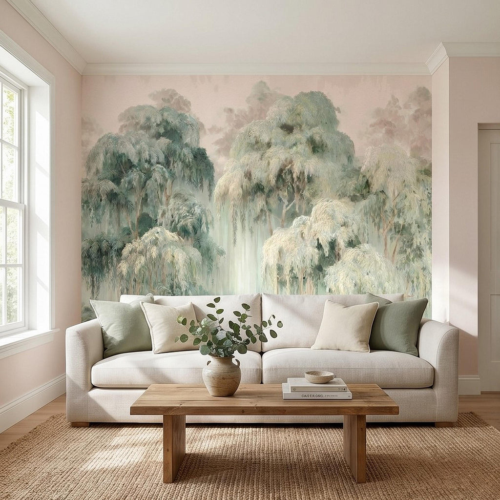 Misty Eucalyptus Forest Peel and Stick Wall Mural, Sage Green Woodland Trees, Soft Botanical Landscape Scene, Nature Wallpaper