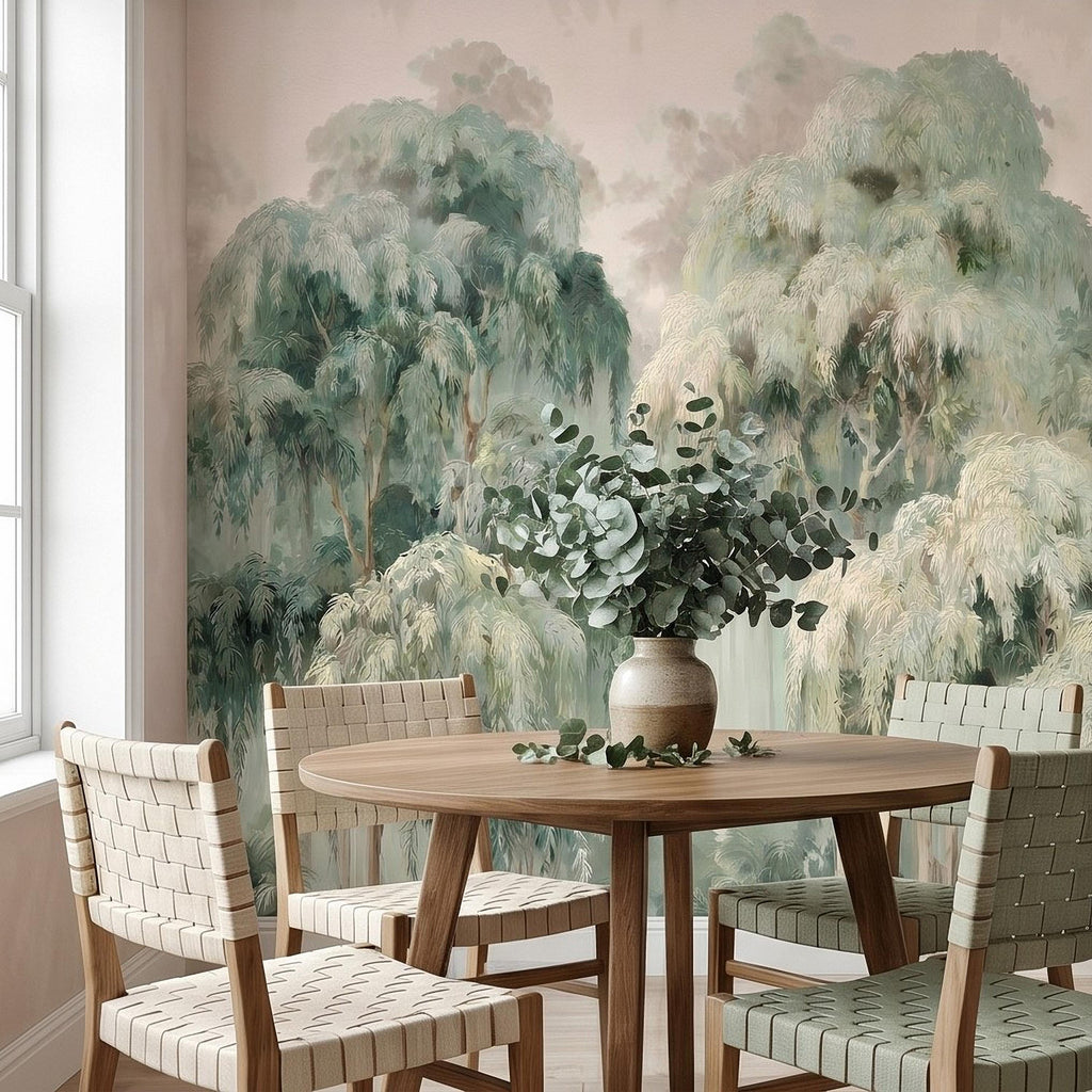 Misty Eucalyptus Forest Peel and Stick Wall Mural, Sage Green Woodland Trees, Soft Botanical Landscape Scene, Nature Wallpaper