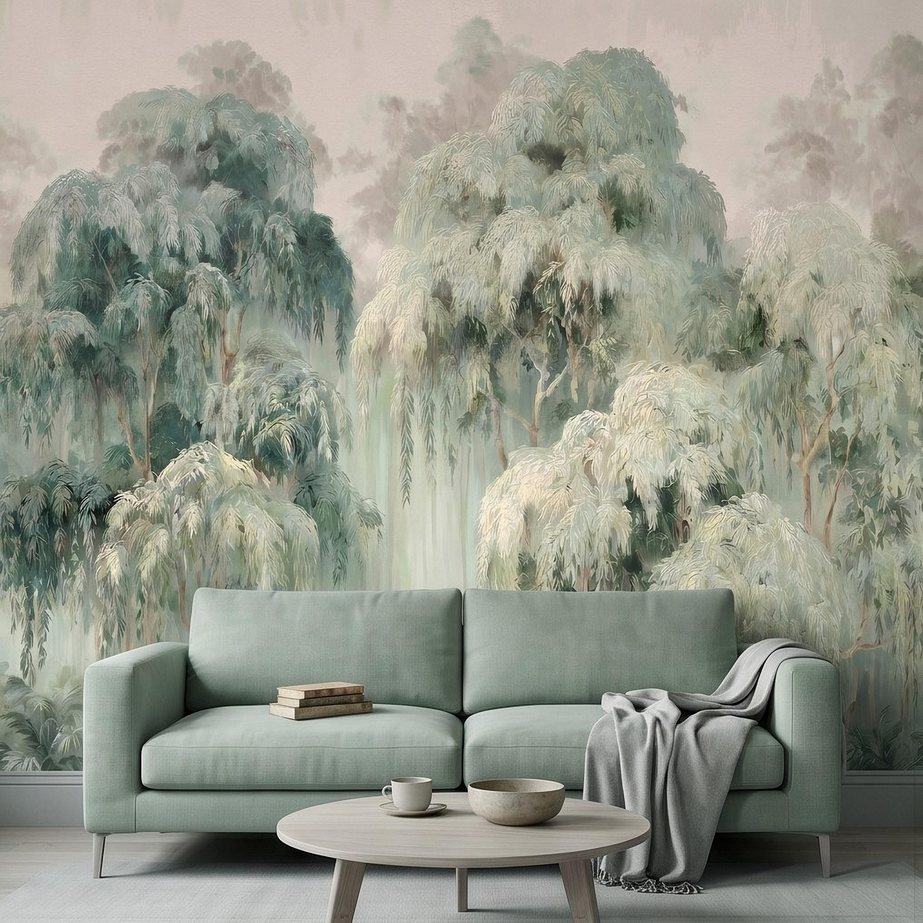 Misty Eucalyptus Forest Peel and Stick Wall Mural, Sage Green Woodland Trees, Soft Botanical Landscape Scene, Nature Wallpaper