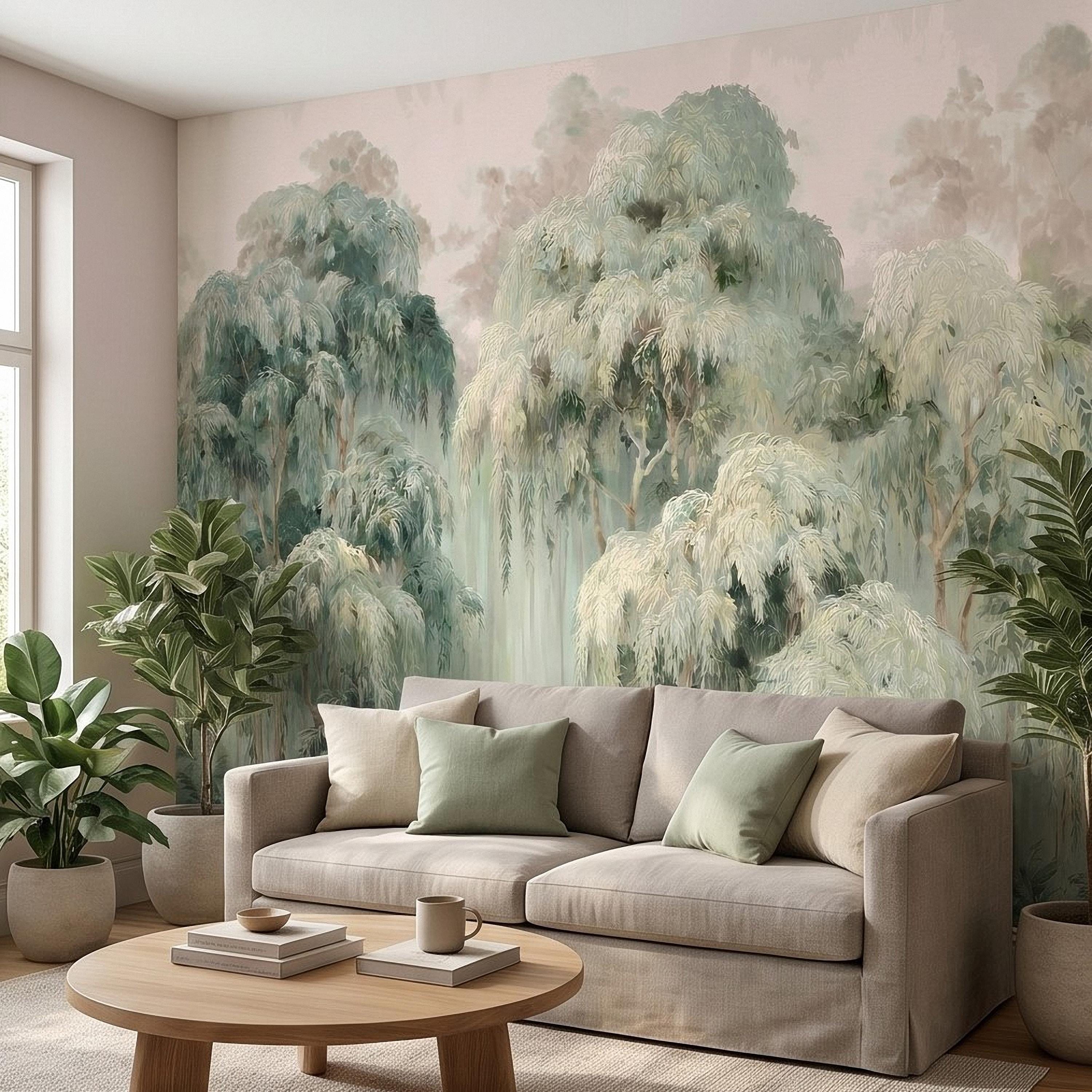 Misty Eucalyptus Forest Peel and Stick Wall Mural, Sage Green Woodland Trees, Soft Botanical Landscape Scene, Nature Wallpaper