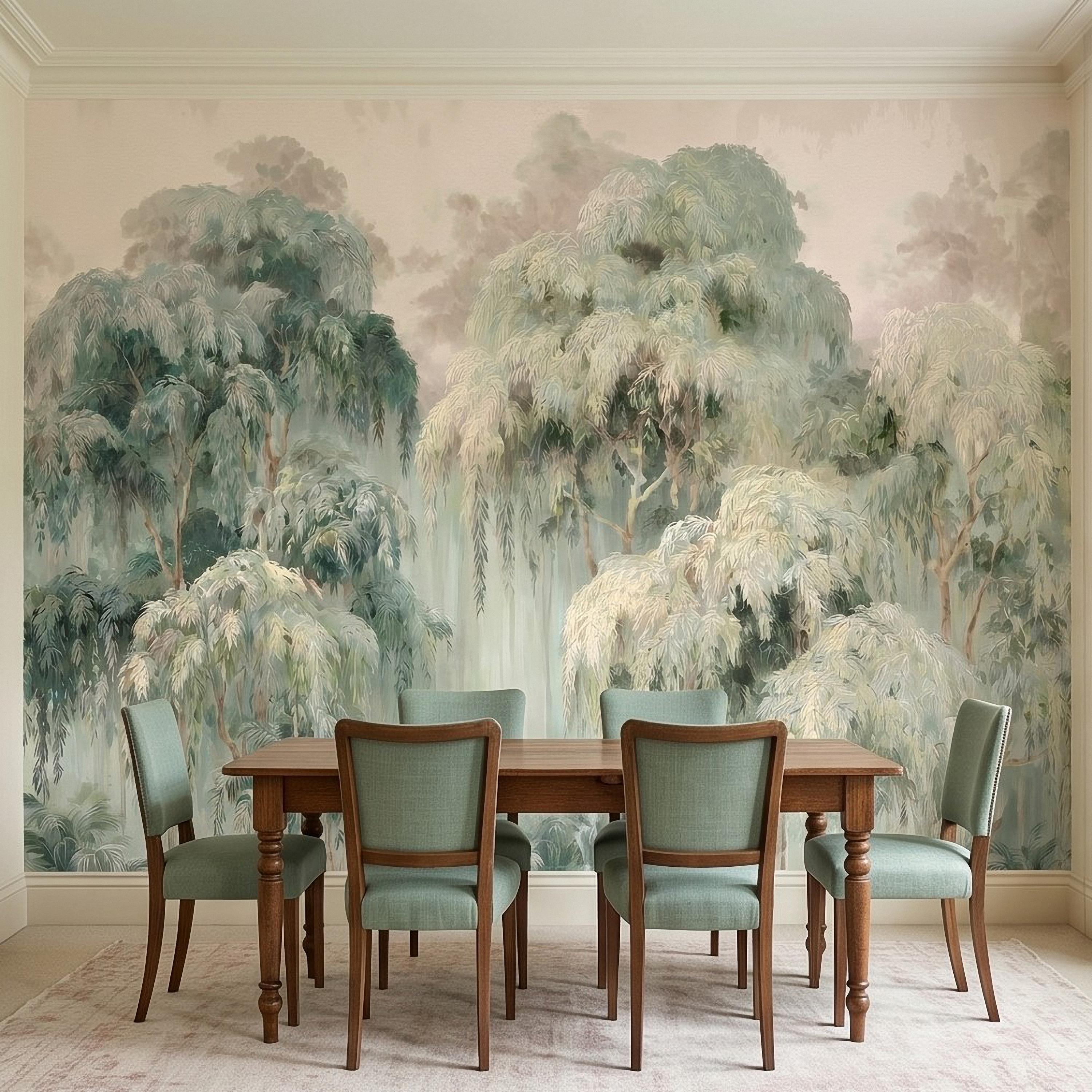 Misty Eucalyptus Forest Peel and Stick Wall Mural, Sage Green Woodland Trees, Soft Botanical Landscape Scene, Nature Wallpaper