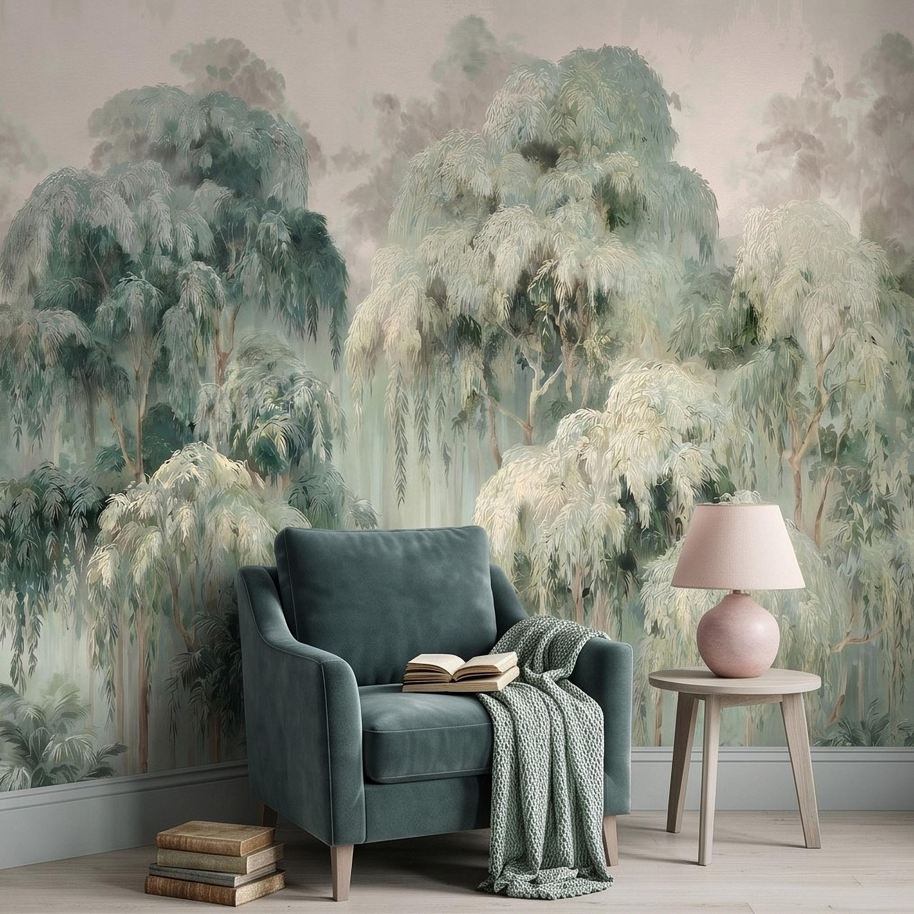 Misty Eucalyptus Forest Peel and Stick Wall Mural, Sage Green Woodland Trees, Soft Botanical Landscape Scene, Nature Wallpaper