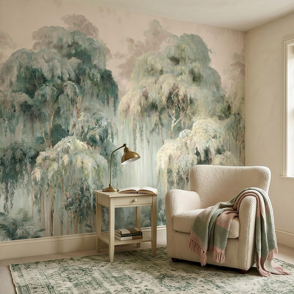 Misty Eucalyptus Forest Peel and Stick Wall Mural, Sage Green Woodland Trees, Soft Botanical Landscape Scene, Nature Wallpaper