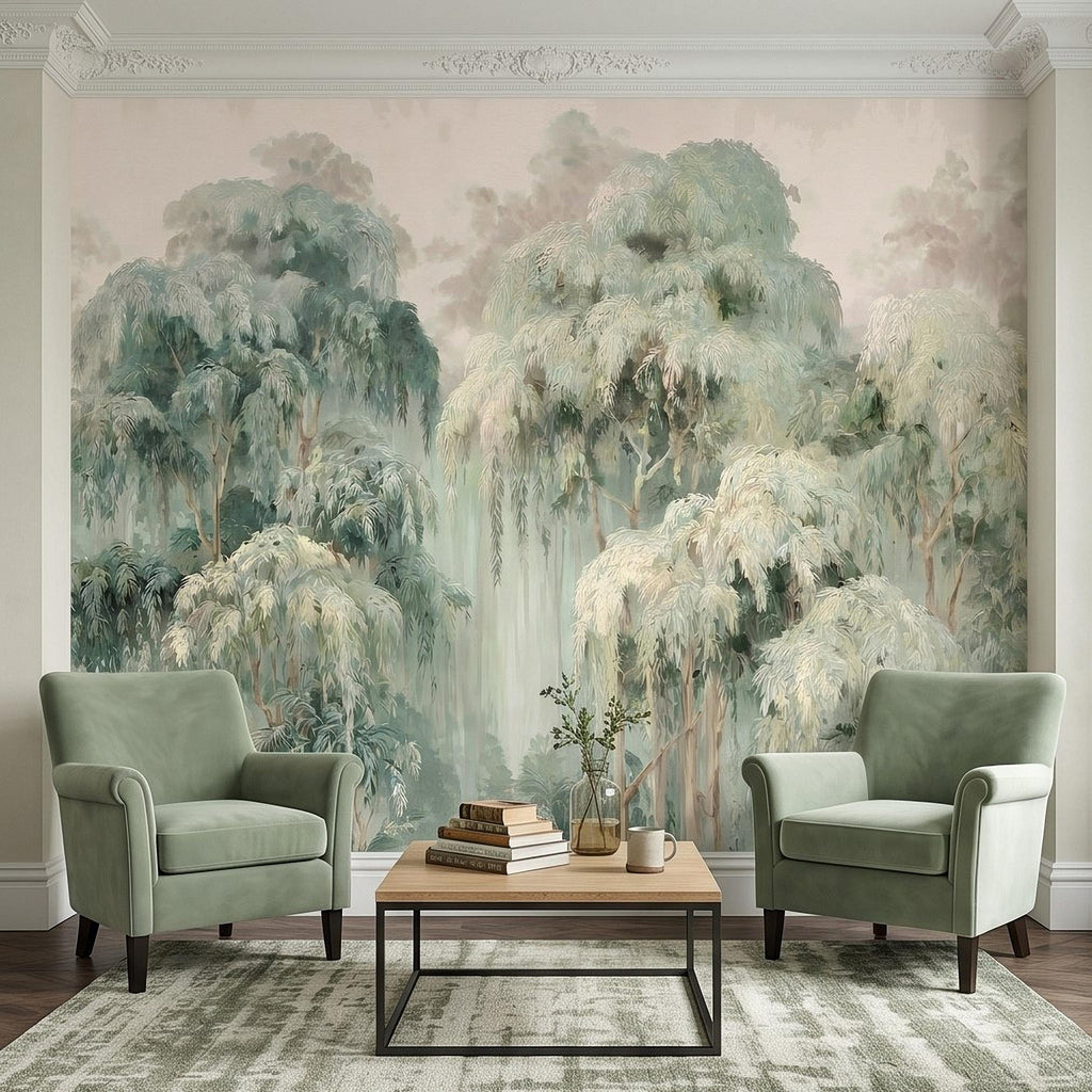 Misty Eucalyptus Forest Peel and Stick Wall Mural, Sage Green Woodland Trees, Soft Botanical Landscape Scene, Nature Wallpaper