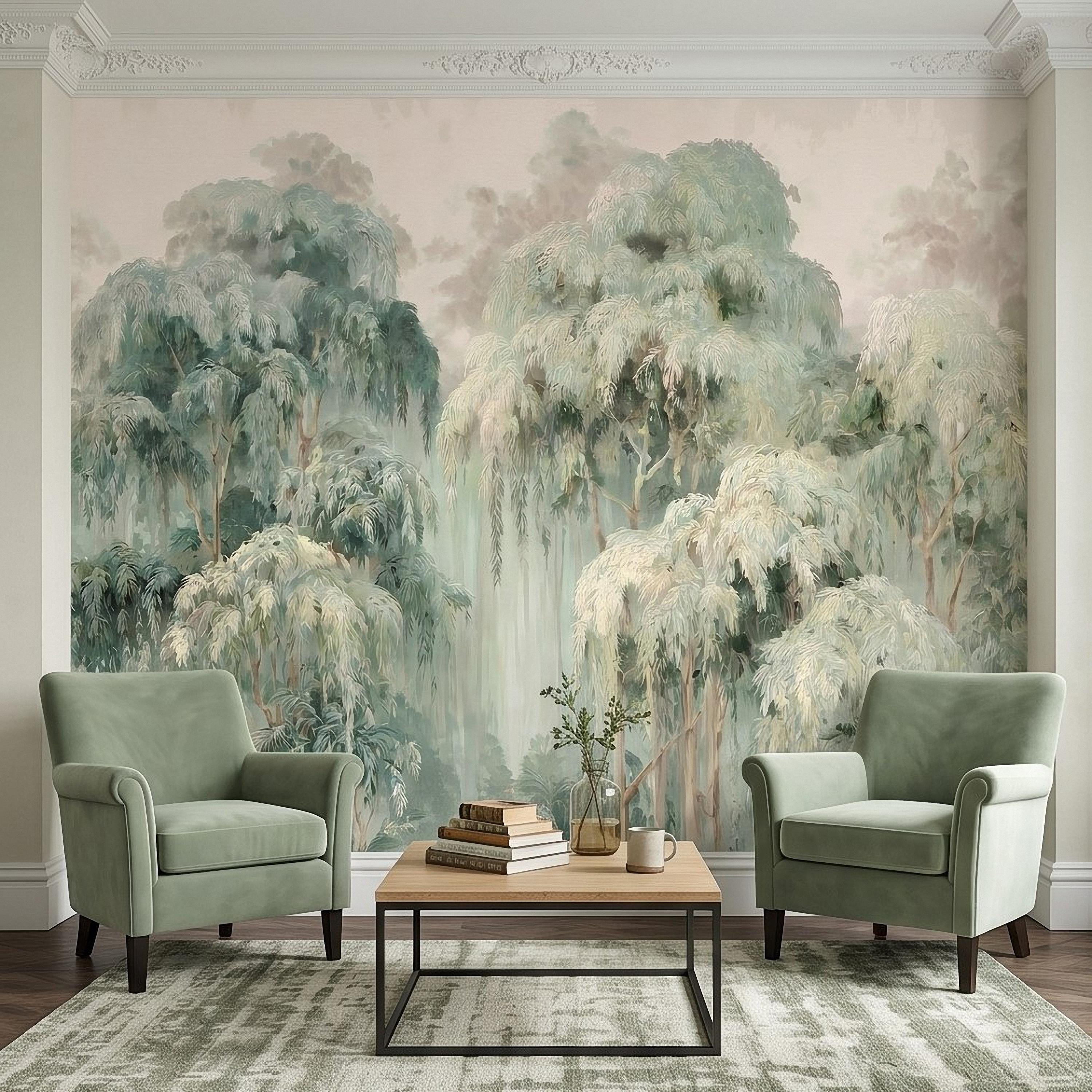 Misty Eucalyptus Forest Peel and Stick Wall Mural, Sage Green Woodland Trees, Soft Botanical Landscape Scene, Nature Wallpaper