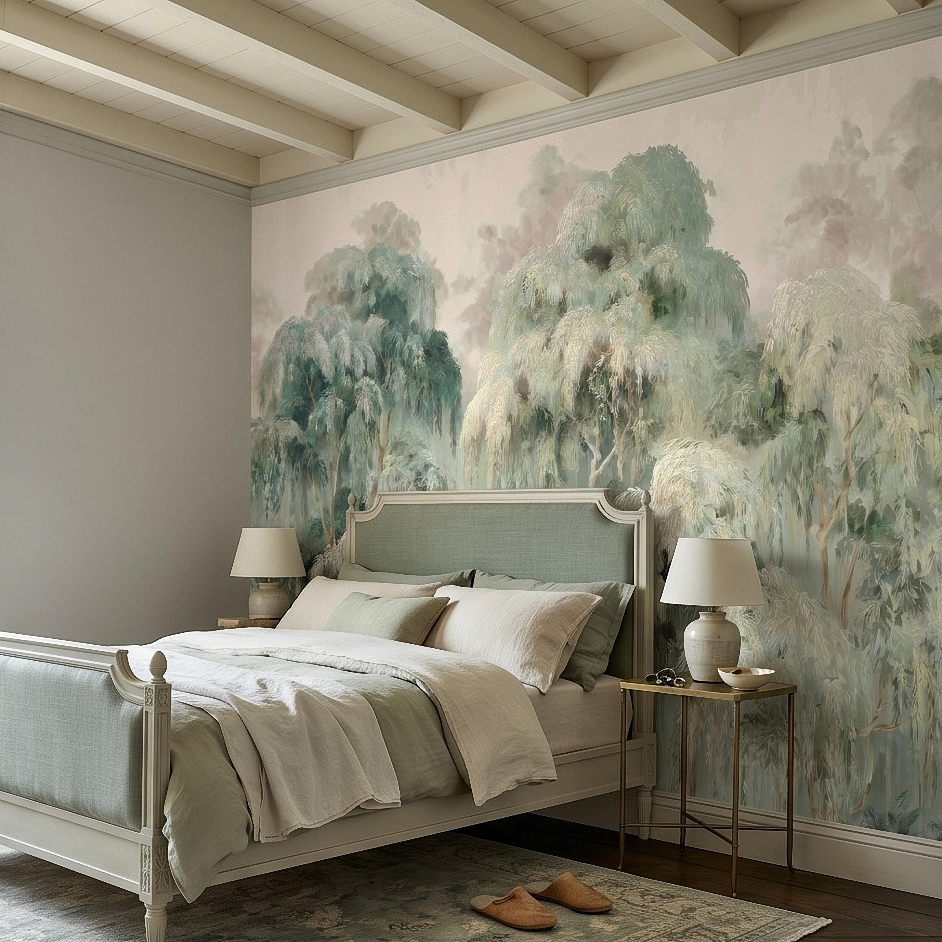 Misty Eucalyptus Forest Peel and Stick Wall Mural, Sage Green Woodland Trees, Soft Botanical Landscape Scene, Nature Wallpaper