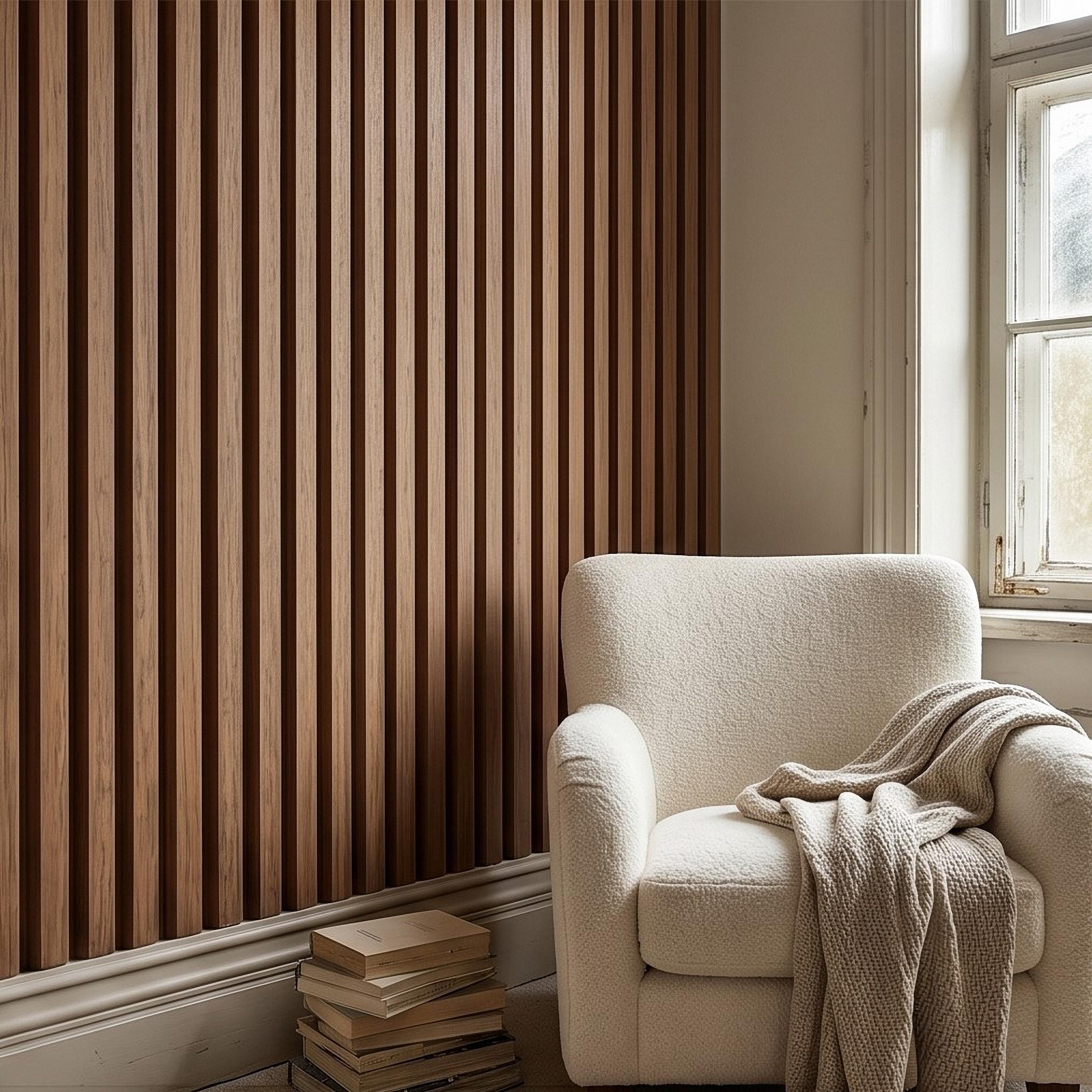 Vertical Faux Wood Slat Panel Peel and Stick Wall Mural, Natural Walnut Wood Texture, Modern Scandinavian Wallpaper