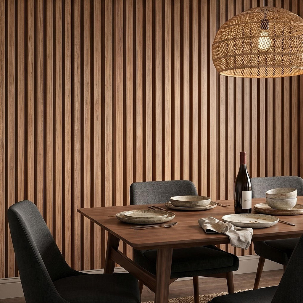 Vertical Faux Wood Slat Panel Peel and Stick Wall Mural, Natural Walnut Wood Texture, Modern Scandinavian Wallpaper