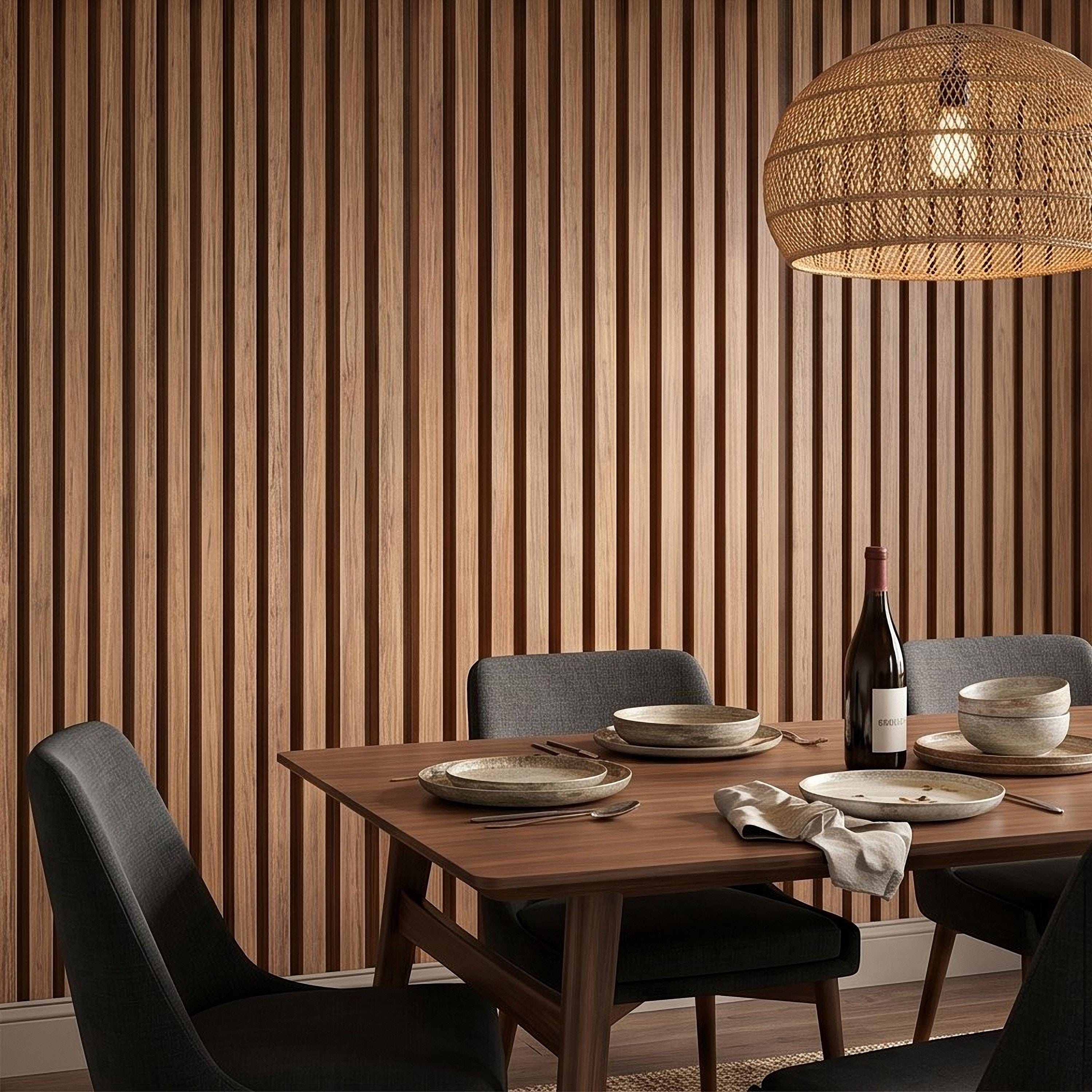 Vertical Faux Wood Slat Panel Peel and Stick Wall Mural, Natural Walnut Wood Texture, Modern Scandinavian Wallpaper