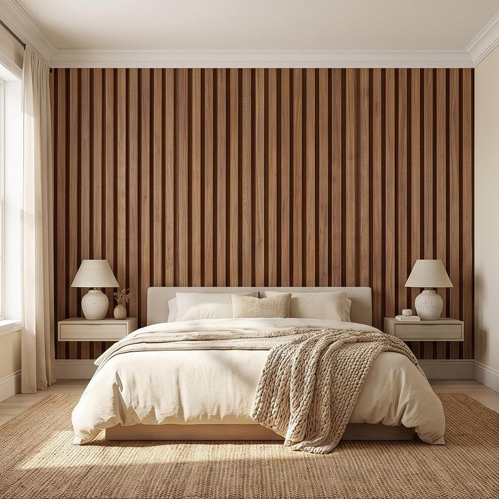 Vertical Faux Wood Slat Panel Peel and Stick Wall Mural, Natural Walnut Wood Texture, Modern Scandinavian Wallpaper