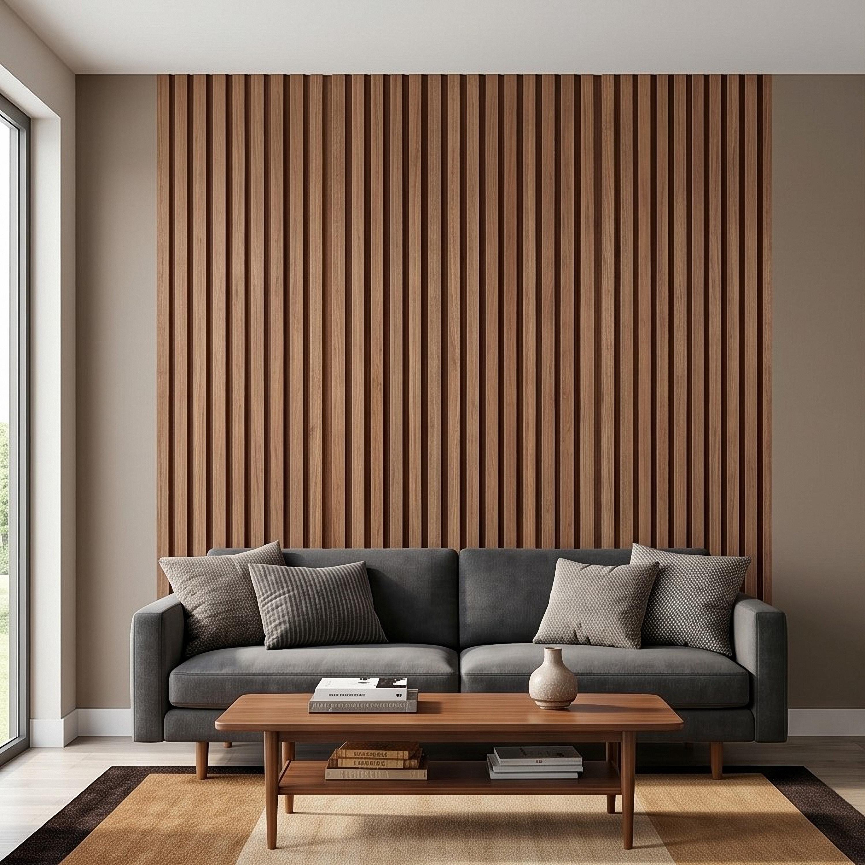 Vertical Faux Wood Slat Panel Peel and Stick Wall Mural, Natural Walnut Wood Texture, Modern Scandinavian Wallpaper