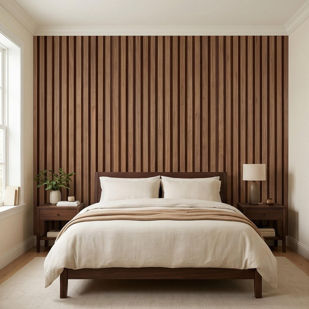 Vertical Faux Wood Slat Panel Peel and Stick Wall Mural, Natural Walnut Wood Texture, Modern Scandinavian Wallpaper