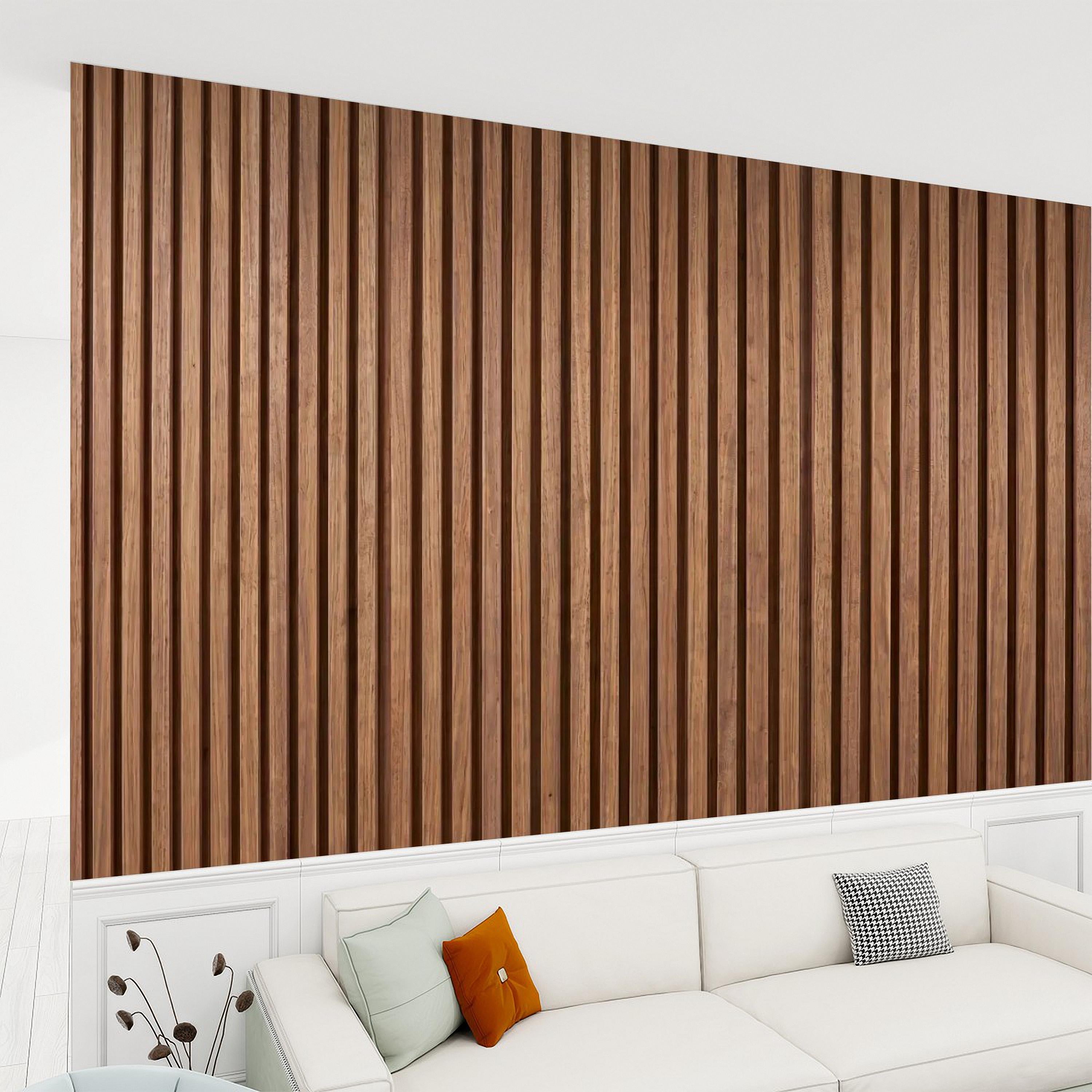 Vertical Faux Wood Slat Panel Peel and Stick Wall Mural, Natural Walnut Wood Texture, Modern Scandinavian Wallpaper