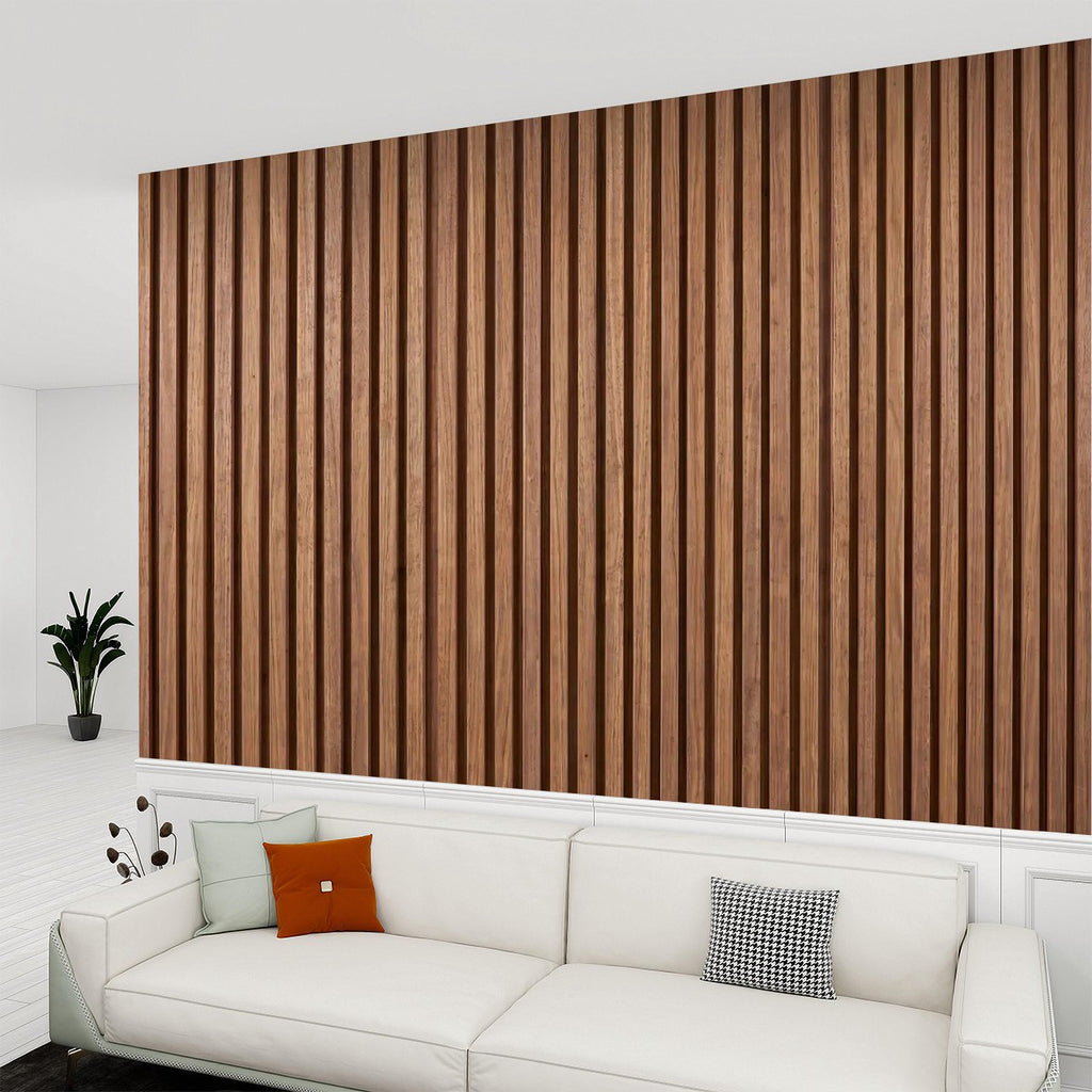 Vertical Faux Wood Slat Panel Peel and Stick Wall Mural, Natural Walnut Wood Texture, Modern Scandinavian Wallpaper