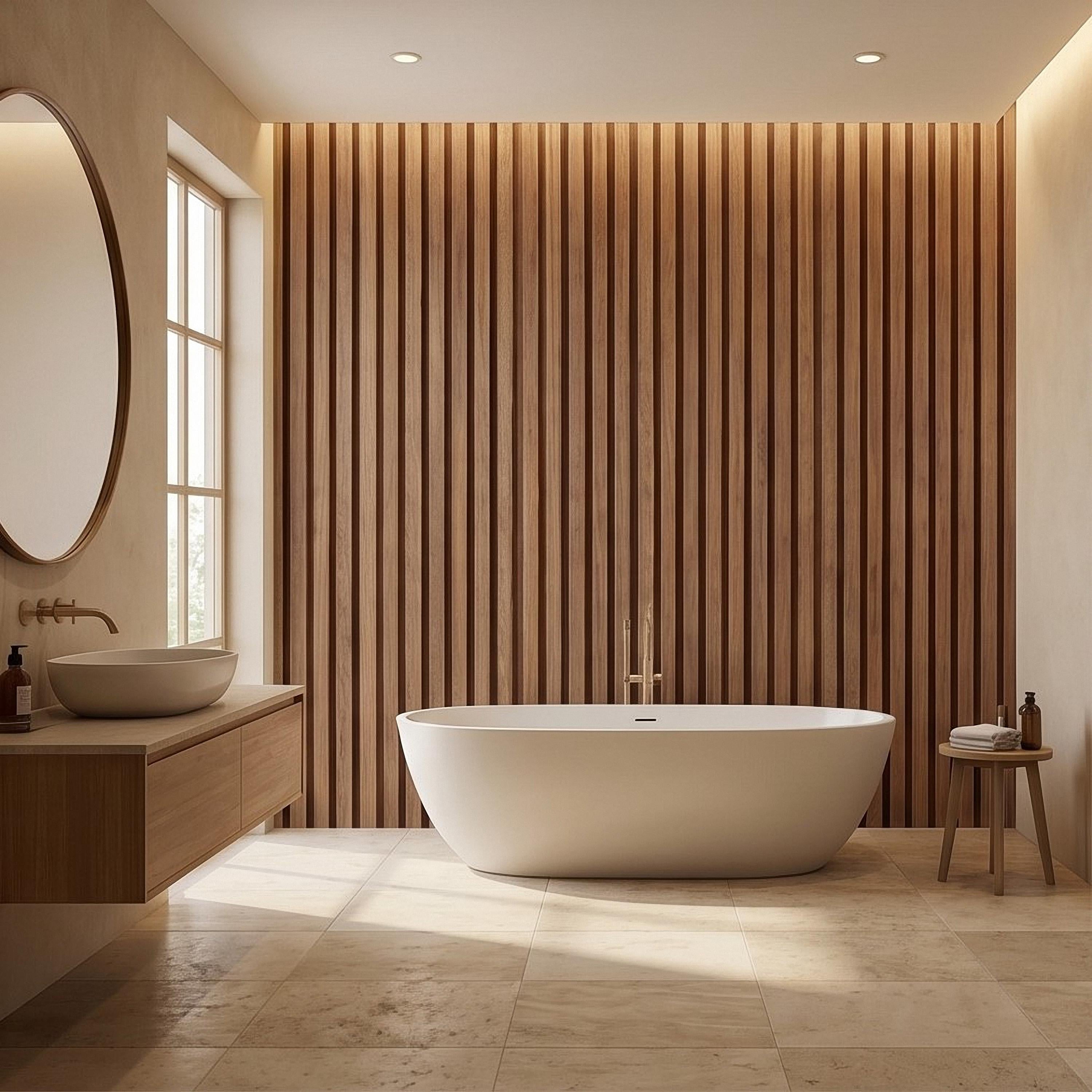 Vertical Faux Wood Slat Panel Peel and Stick Wall Mural, Natural Walnut Wood Texture, Modern Scandinavian Wallpaper
