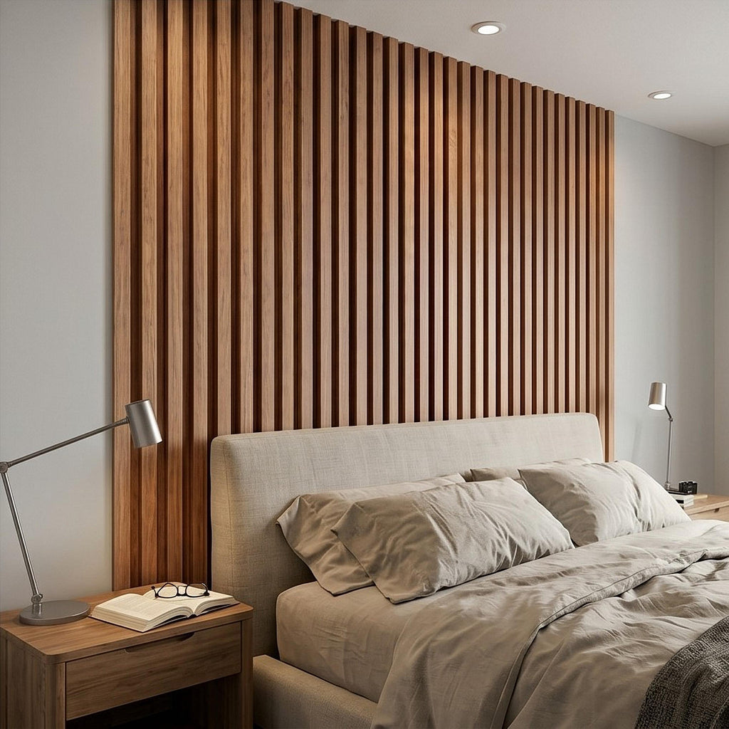 Vertical Faux Wood Slat Panel Peel and Stick Wall Mural, Natural Walnut Wood Texture, Modern Scandinavian Wallpaper