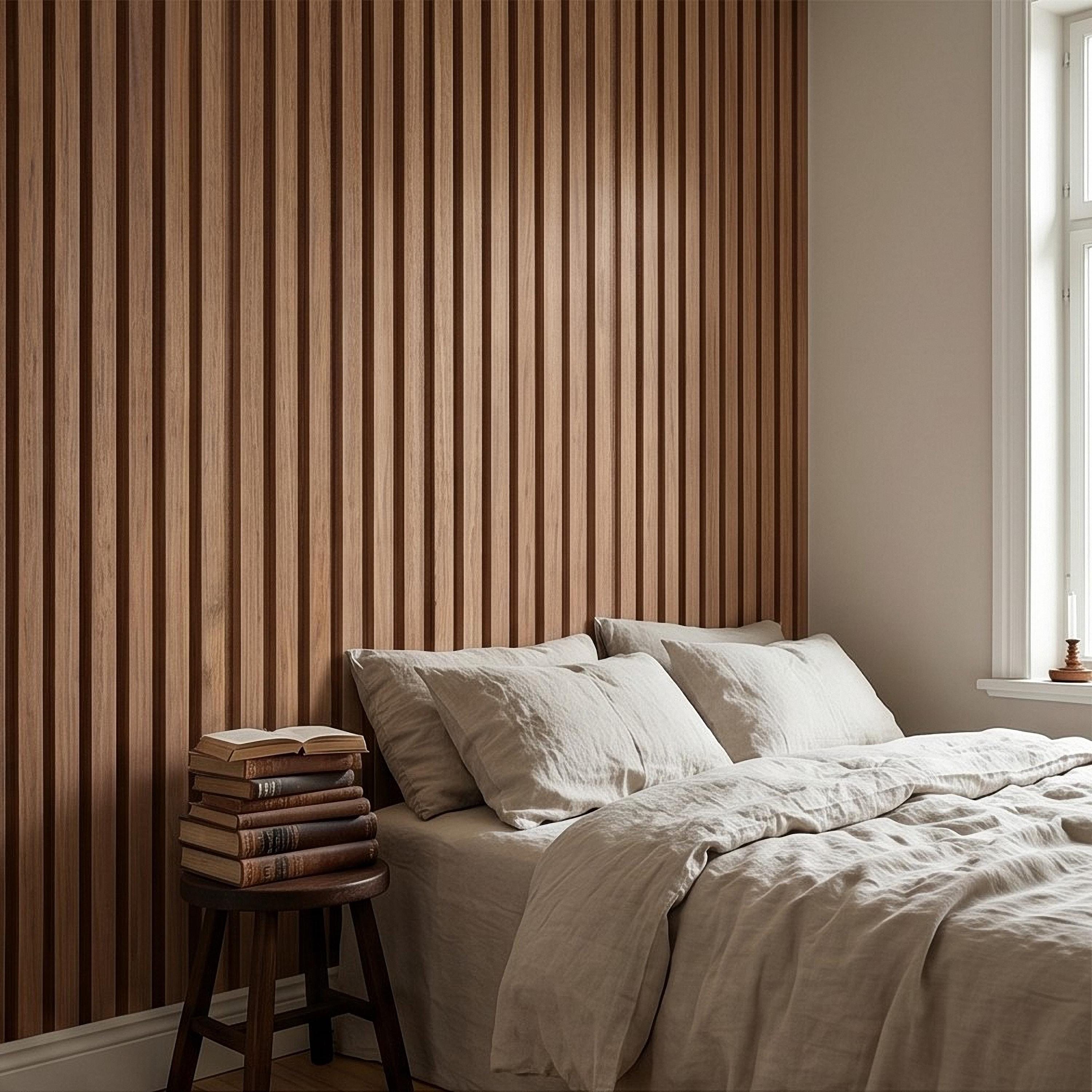 Vertical Faux Wood Slat Panel Peel and Stick Wall Mural, Natural Walnut Wood Texture, Modern Scandinavian Wallpaper