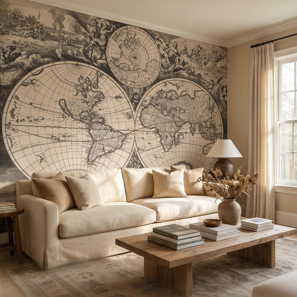 Antique World Map Peel and Stick Wall Mural, 17th Century Nautical Engraving, Vintage Renaissance Parchment Wallpaper