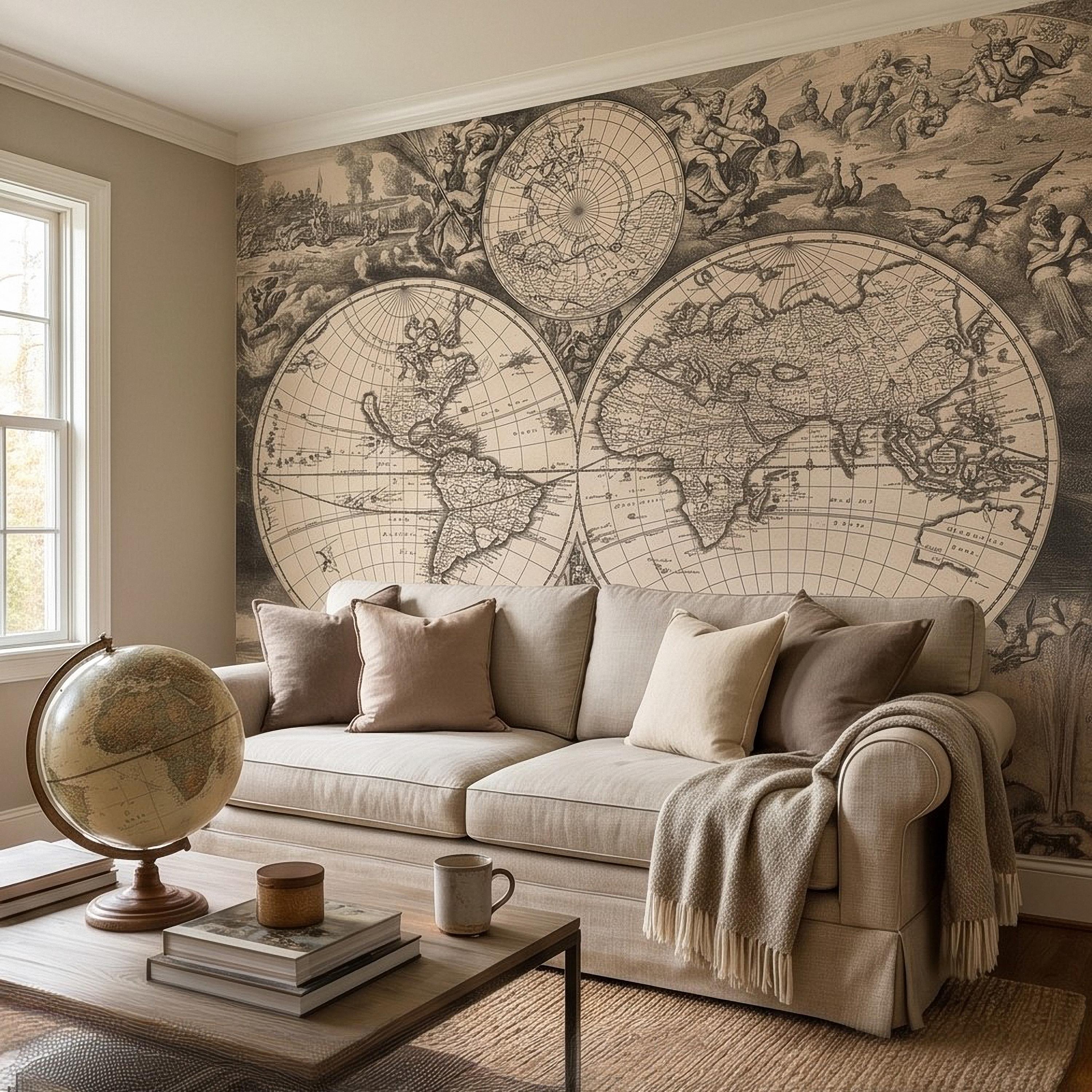 Antique World Map Peel and Stick Wall Mural, 17th Century Nautical Engraving, Vintage Renaissance Parchment Wallpaper