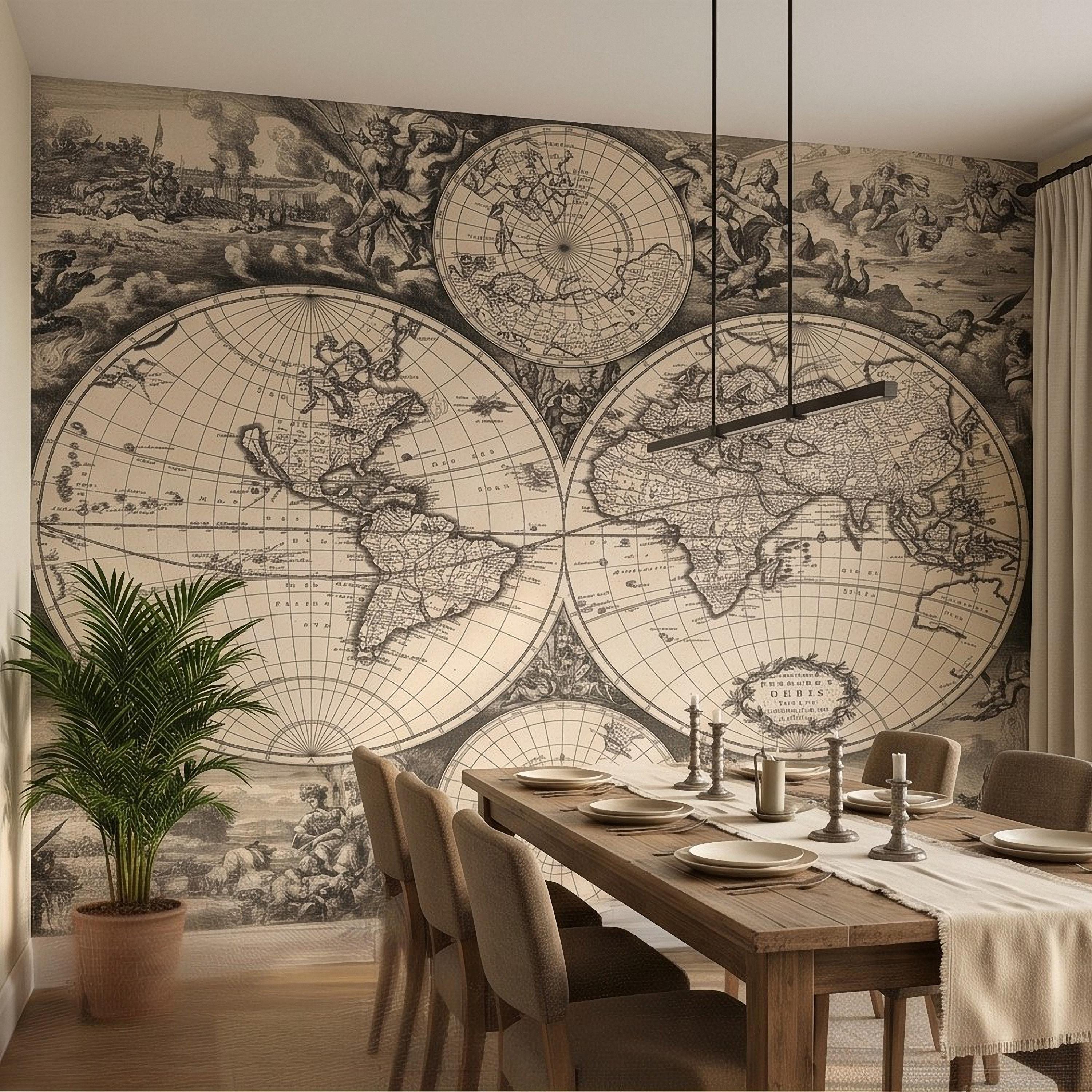 Antique World Map Peel and Stick Wall Mural, 17th Century Nautical Engraving, Vintage Renaissance Parchment Wallpaper