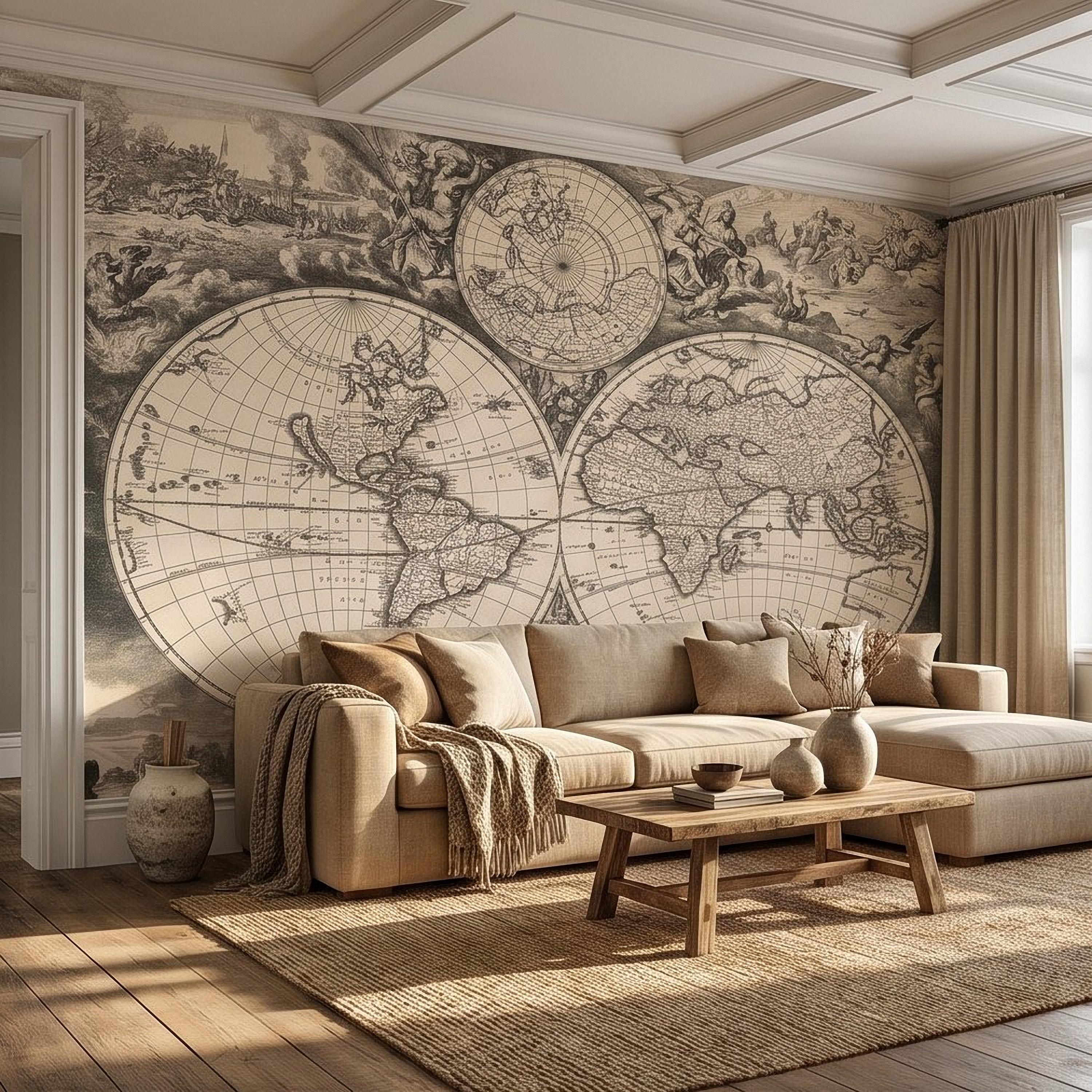 Antique World Map Peel and Stick Wall Mural, 17th Century Nautical Engraving, Vintage Renaissance Parchment Wallpaper