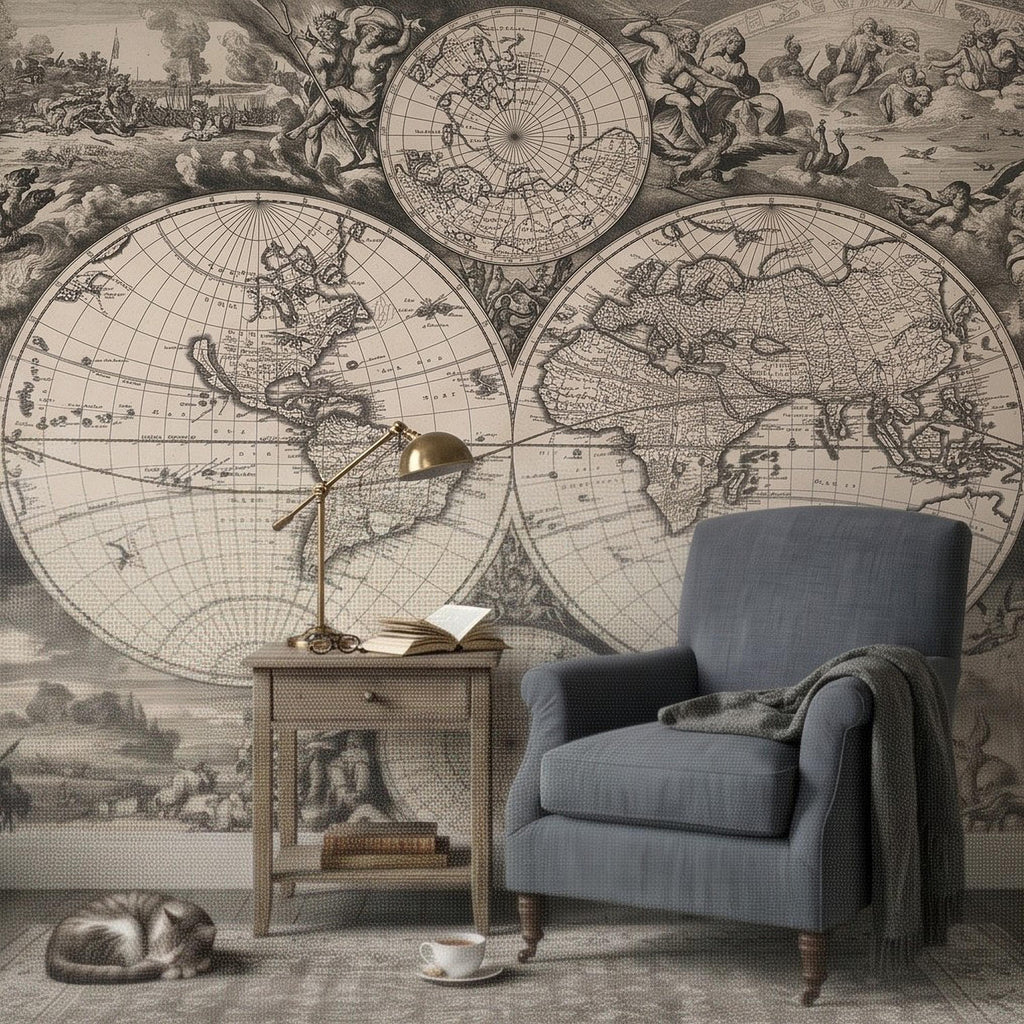 Antique World Map Peel and Stick Wall Mural, 17th Century Nautical Engraving, Vintage Renaissance Parchment Wallpaper