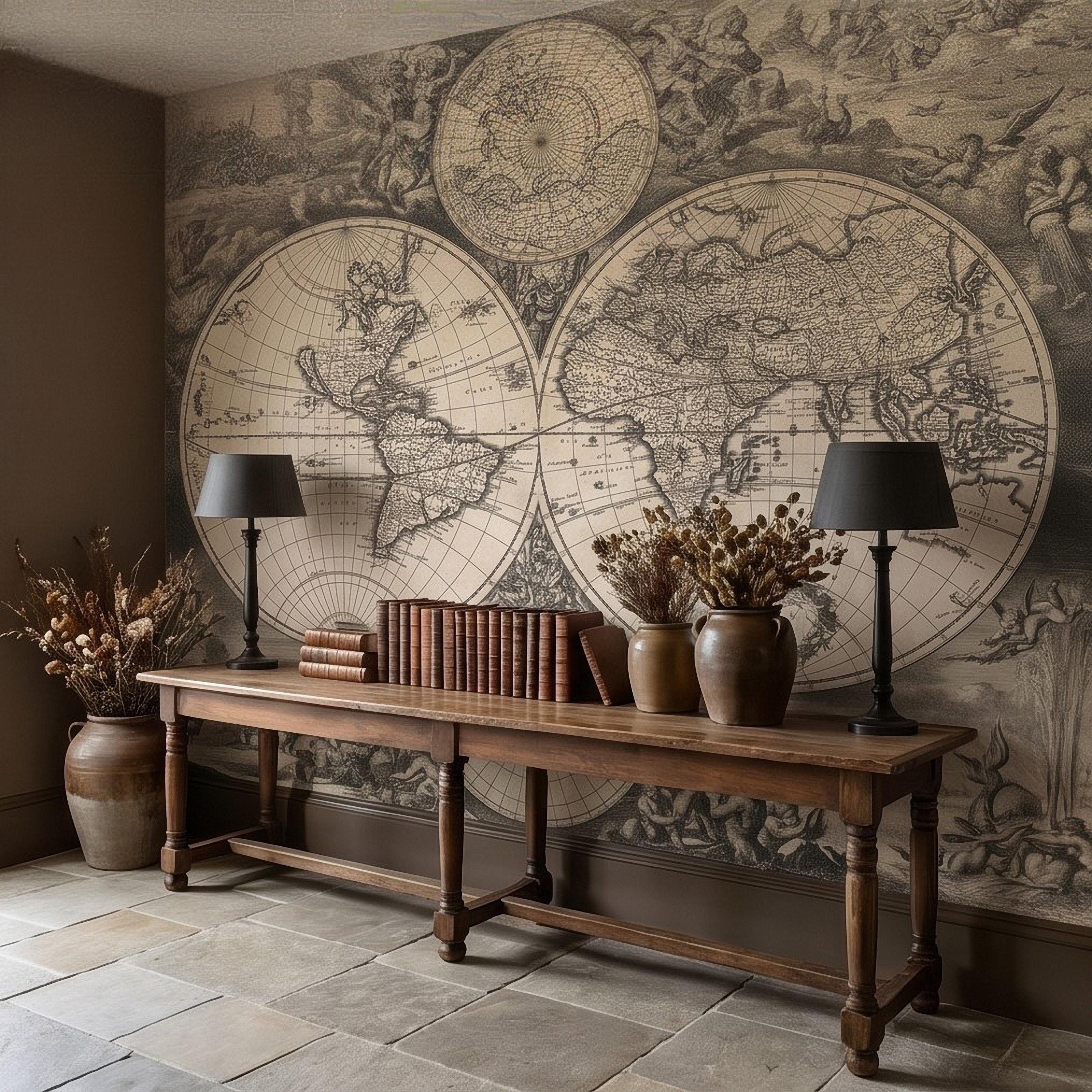 Antique World Map Peel and Stick Wall Mural, 17th Century Nautical Engraving, Vintage Renaissance Parchment Wallpaper