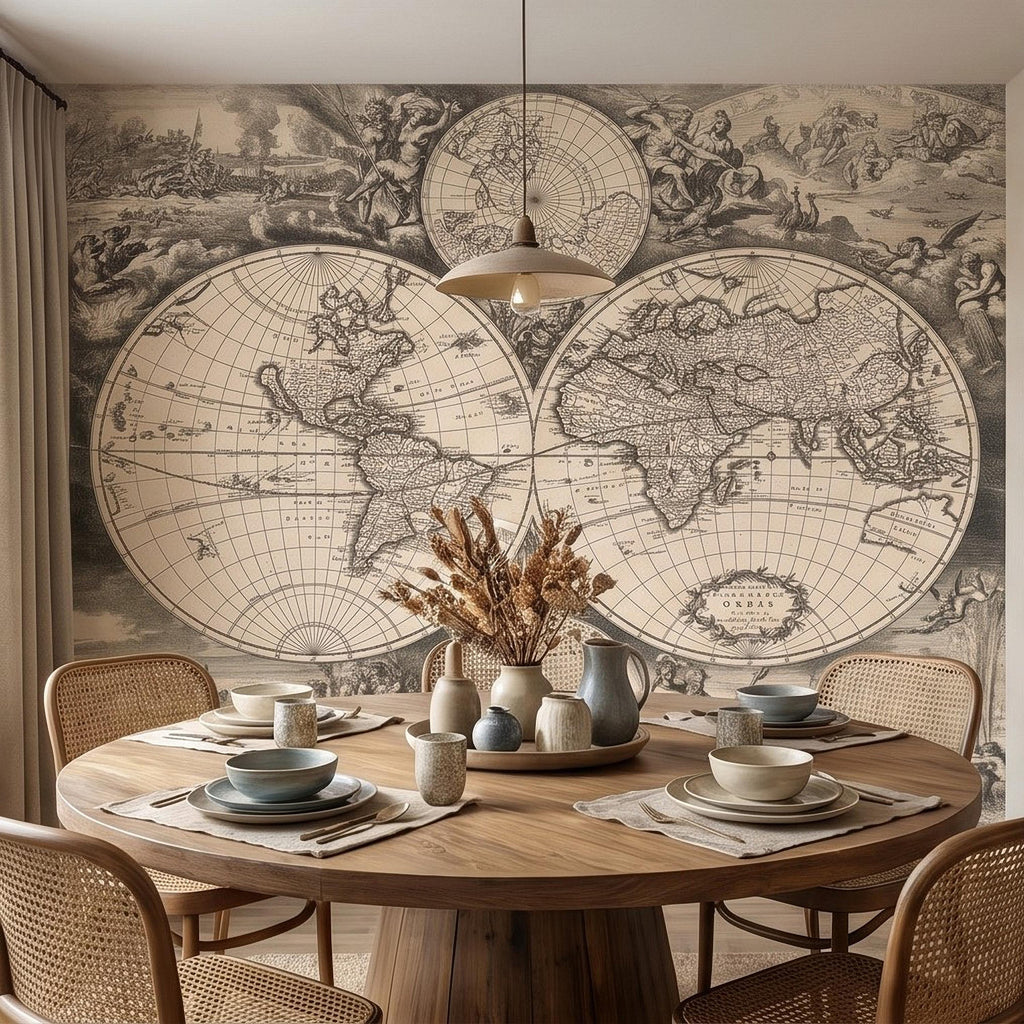 Antique World Map Peel and Stick Wall Mural, 17th Century Nautical Engraving, Vintage Renaissance Parchment Wallpaper