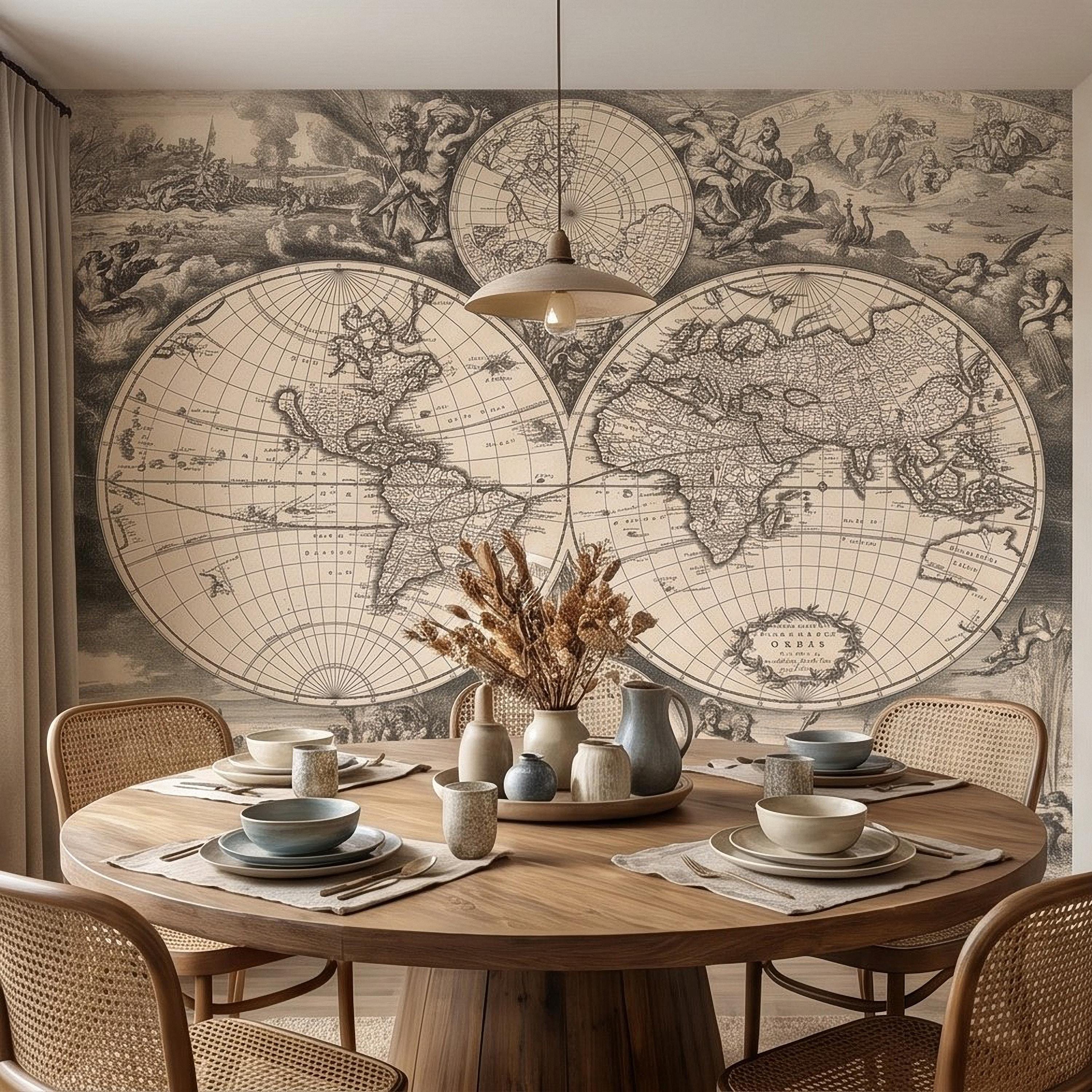 Antique World Map Peel and Stick Wall Mural, 17th Century Nautical Engraving, Vintage Renaissance Parchment Wallpaper