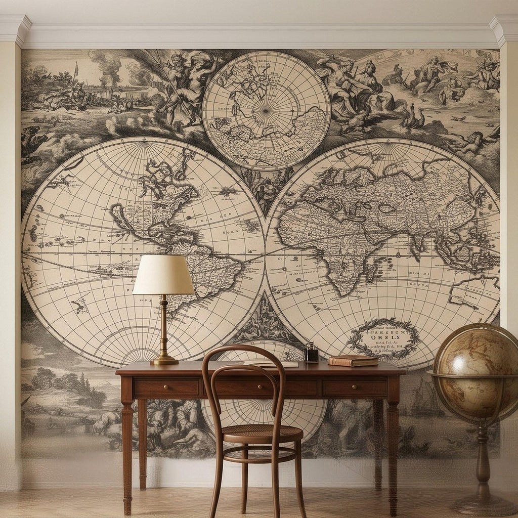 Antique World Map Peel and Stick Wall Mural, 17th Century Nautical Engraving, Vintage Renaissance Parchment Wallpaper