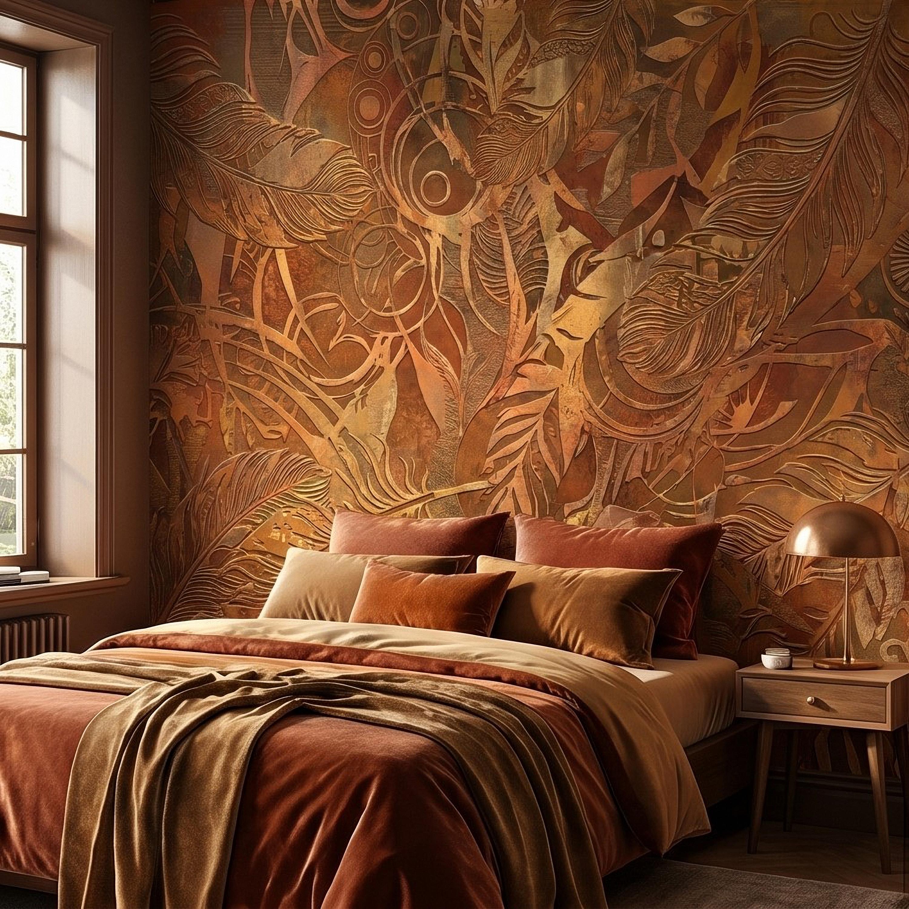 Textured Abstract Feathers Peel and Stick Wall Mural, Tribal Boho Motif, Warm Earth Tones, Ornamental Wallpaper