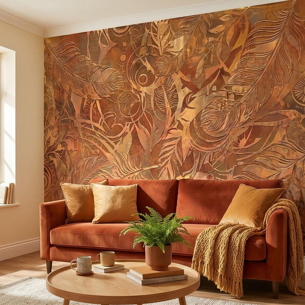 Textured Abstract Feathers Peel and Stick Wall Mural, Tribal Boho Motif, Warm Earth Tones, Ornamental Wallpaper