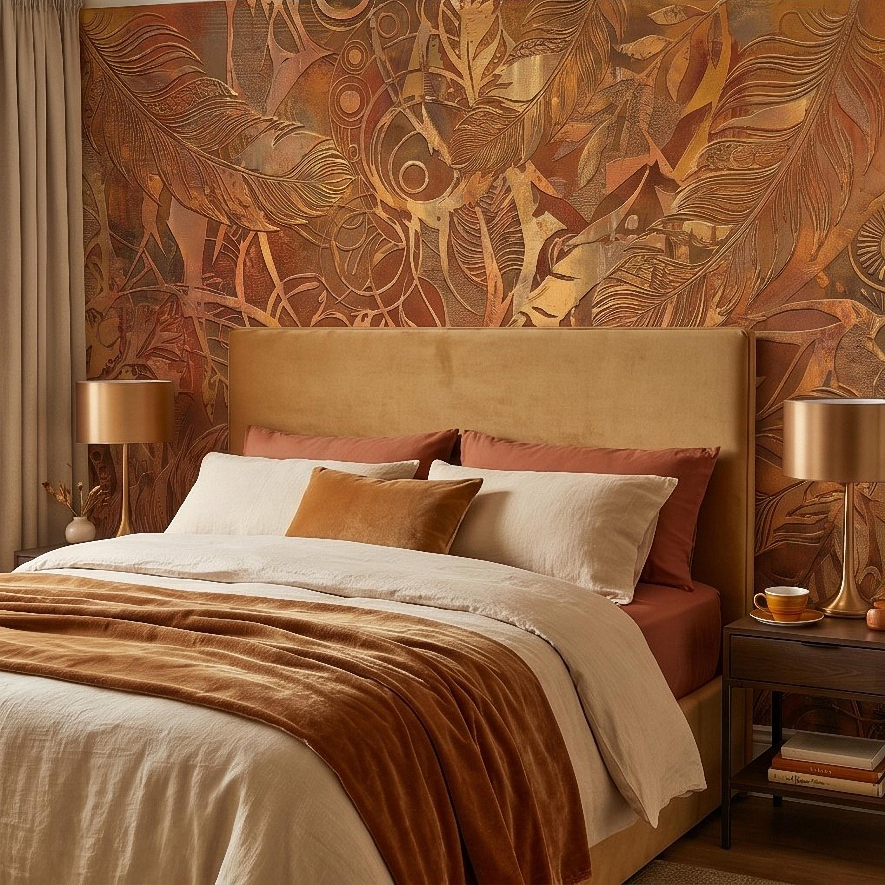 Textured Abstract Feathers Peel and Stick Wall Mural, Tribal Boho Motif, Warm Earth Tones, Ornamental Wallpaper