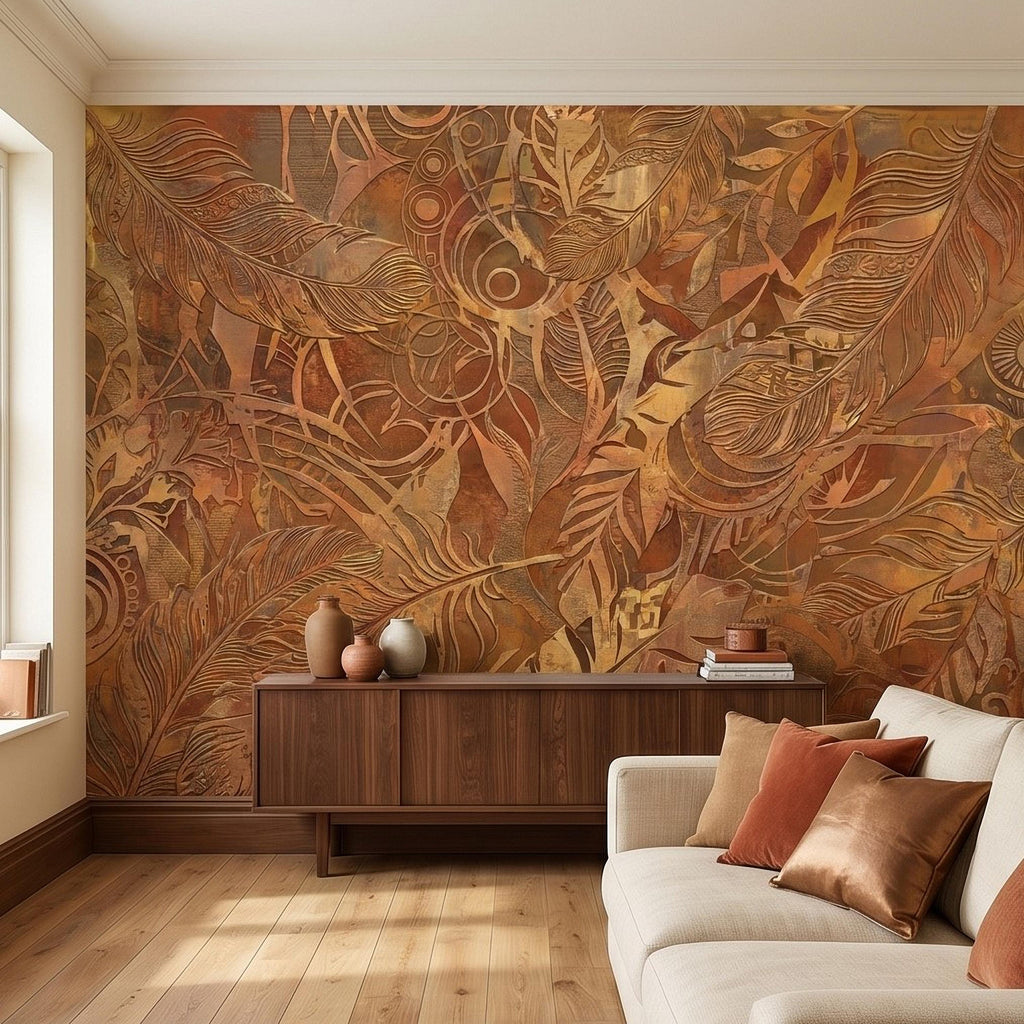 Textured Abstract Feathers Peel and Stick Wall Mural, Tribal Boho Motif, Warm Earth Tones, Ornamental Wallpaper