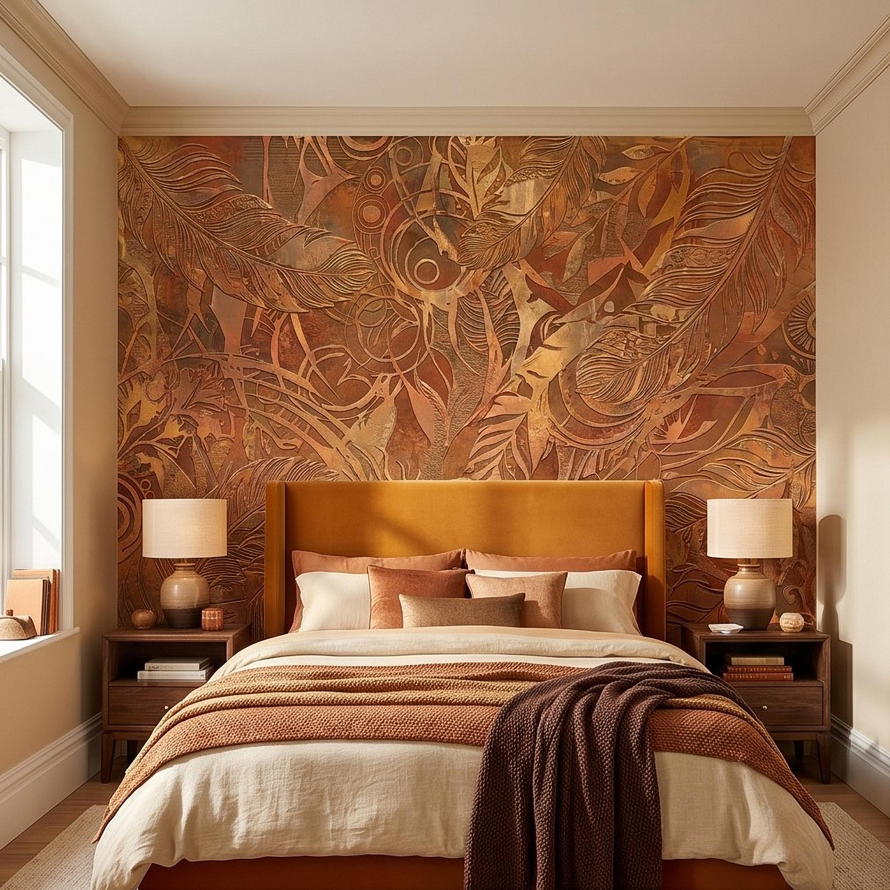 Textured Abstract Feathers Peel and Stick Wall Mural, Tribal Boho Motif, Warm Earth Tones, Ornamental Wallpaper