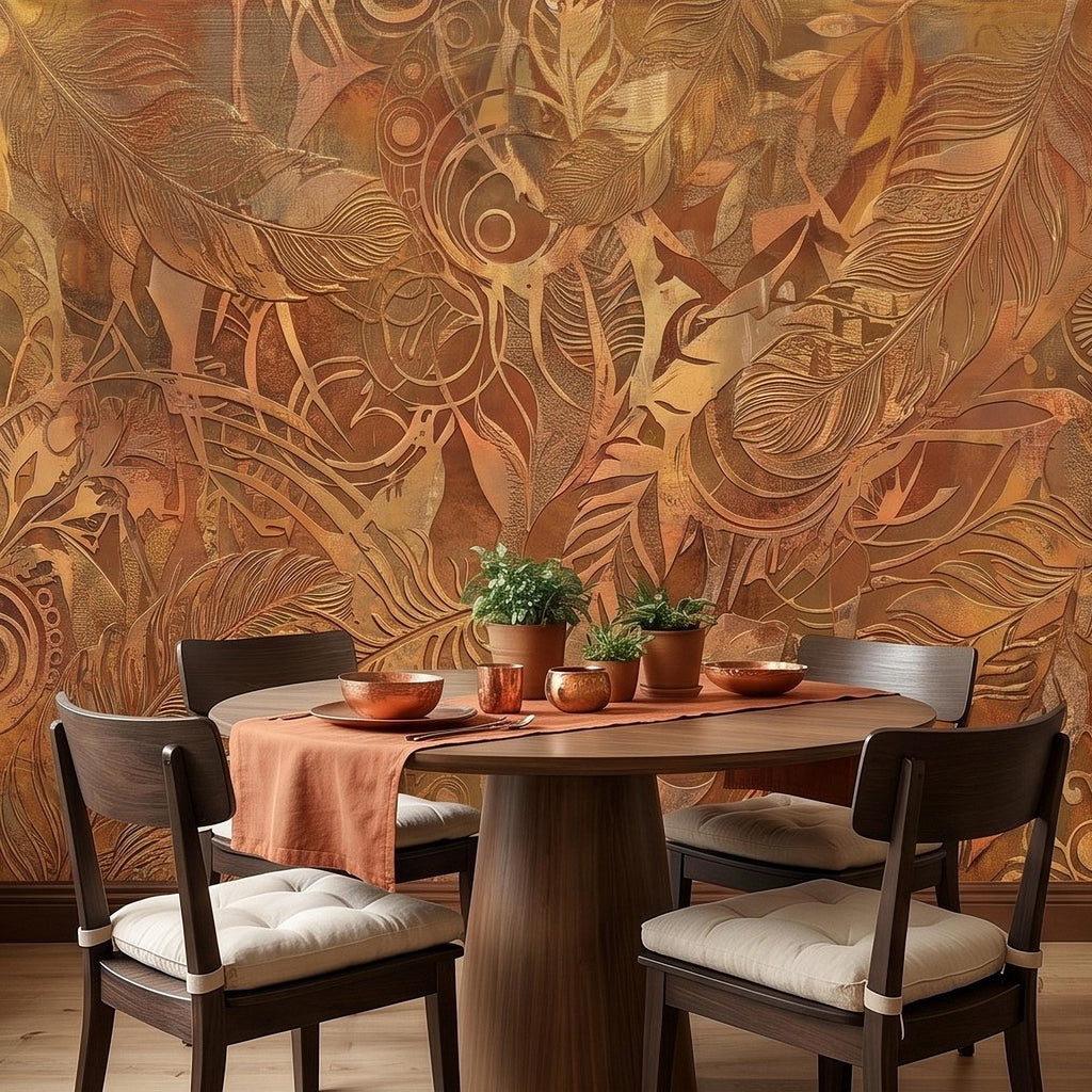 Textured Abstract Feathers Peel and Stick Wall Mural, Tribal Boho Motif, Warm Earth Tones, Ornamental Wallpaper