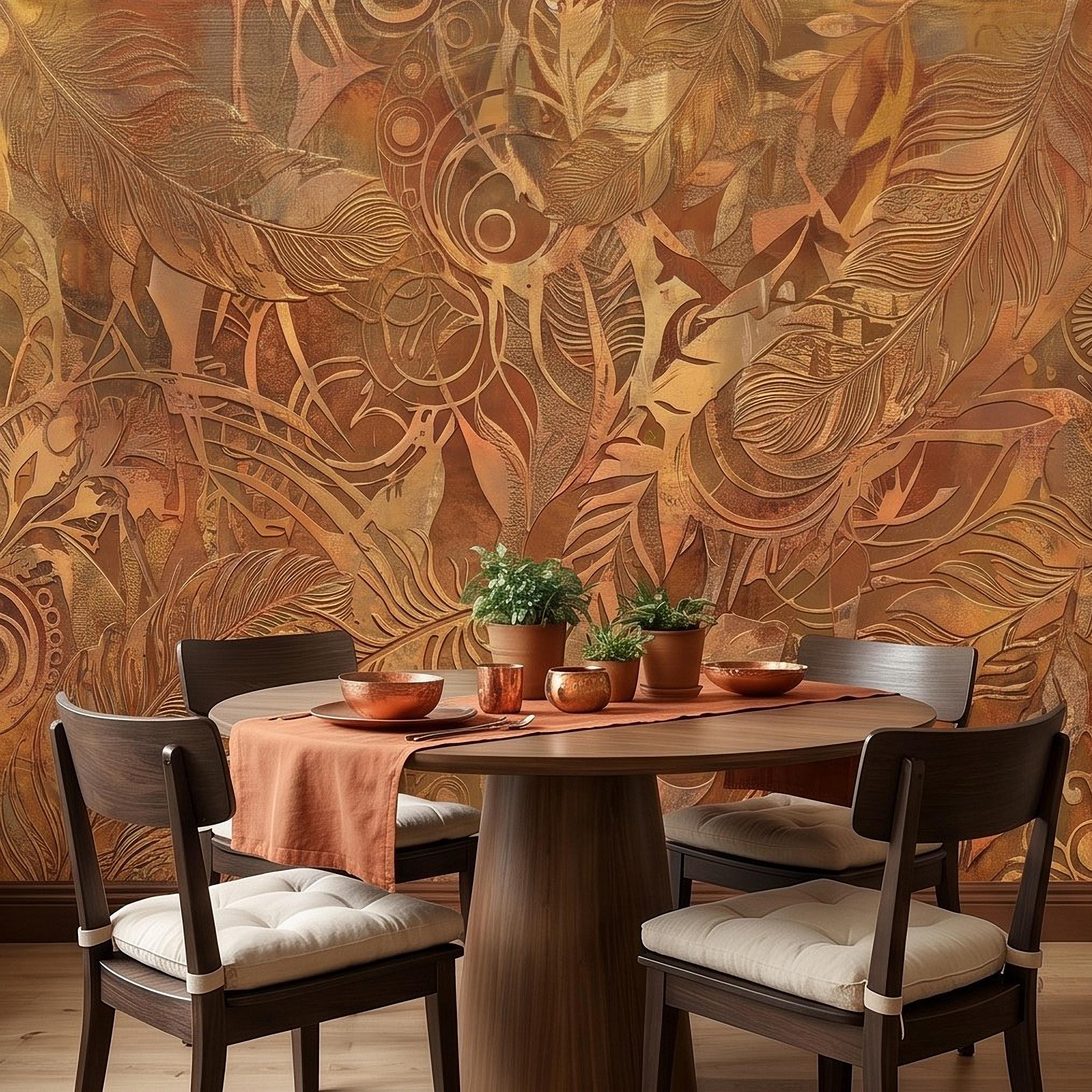 Textured Abstract Feathers Peel and Stick Wall Mural, Tribal Boho Motif, Warm Earth Tones, Ornamental Wallpaper