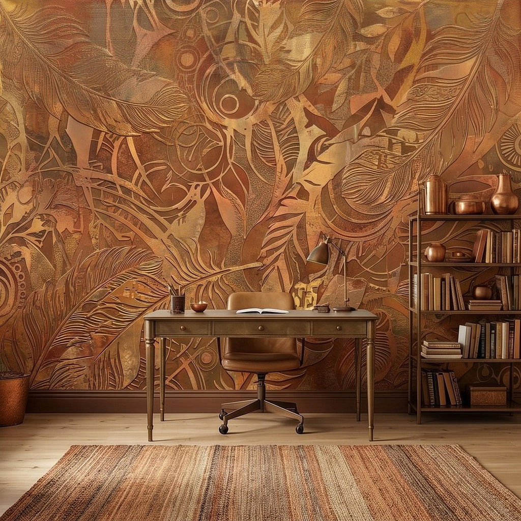 Textured Abstract Feathers Peel and Stick Wall Mural, Tribal Boho Motif, Warm Earth Tones, Ornamental Wallpaper