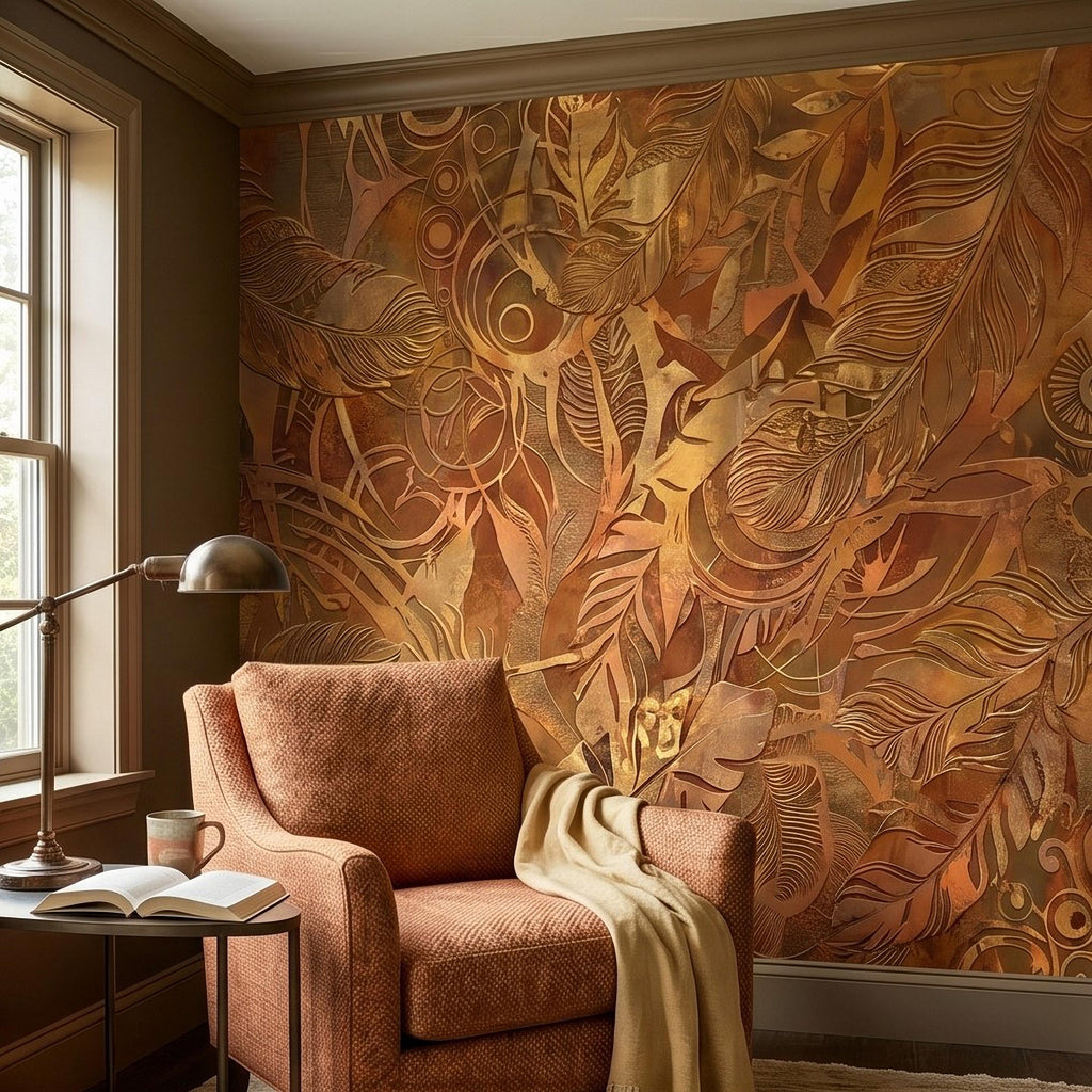 Textured Abstract Feathers Peel and Stick Wall Mural, Tribal Boho Motif, Warm Earth Tones, Ornamental Wallpaper