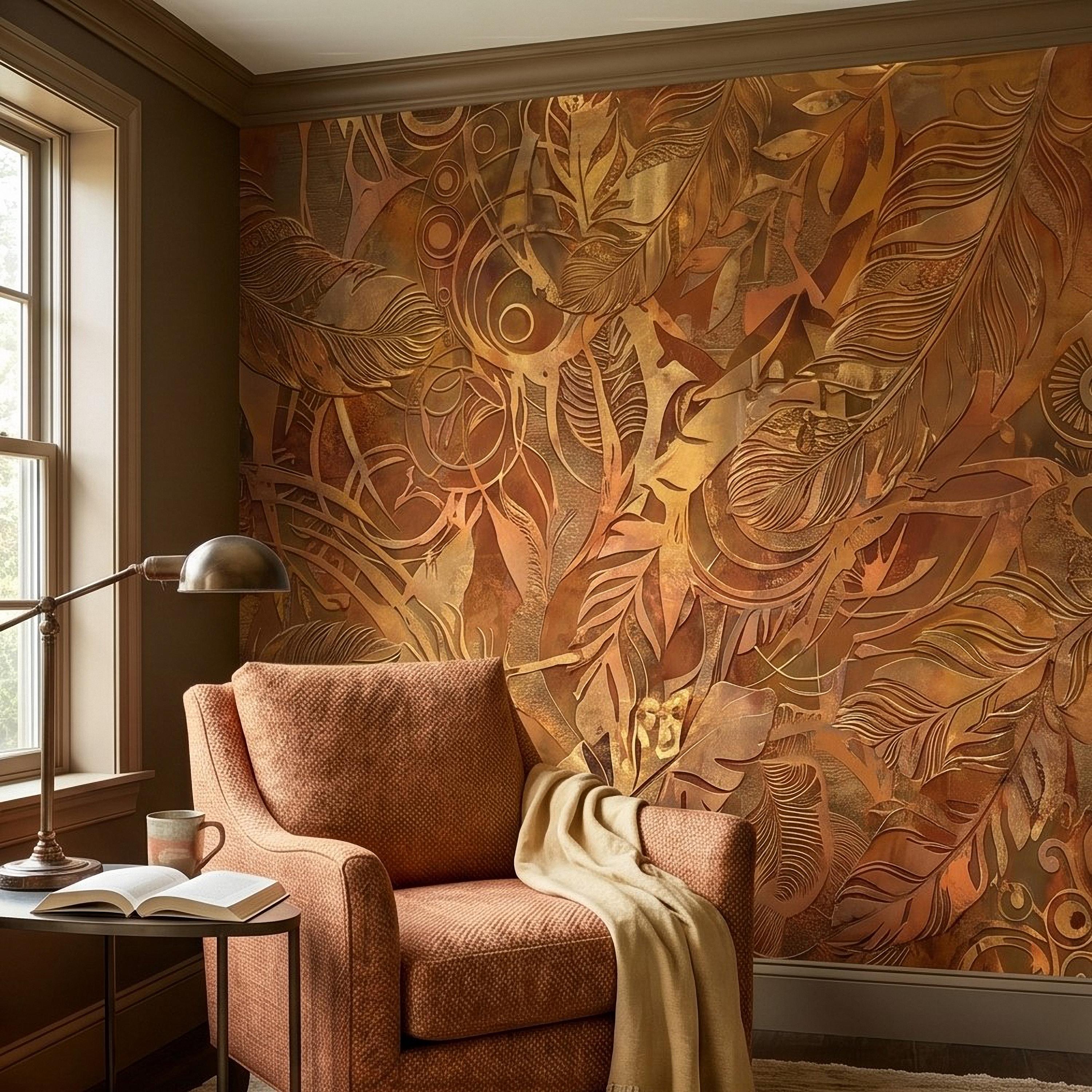 Textured Abstract Feathers Peel and Stick Wall Mural, Tribal Boho Motif, Warm Earth Tones, Ornamental Wallpaper