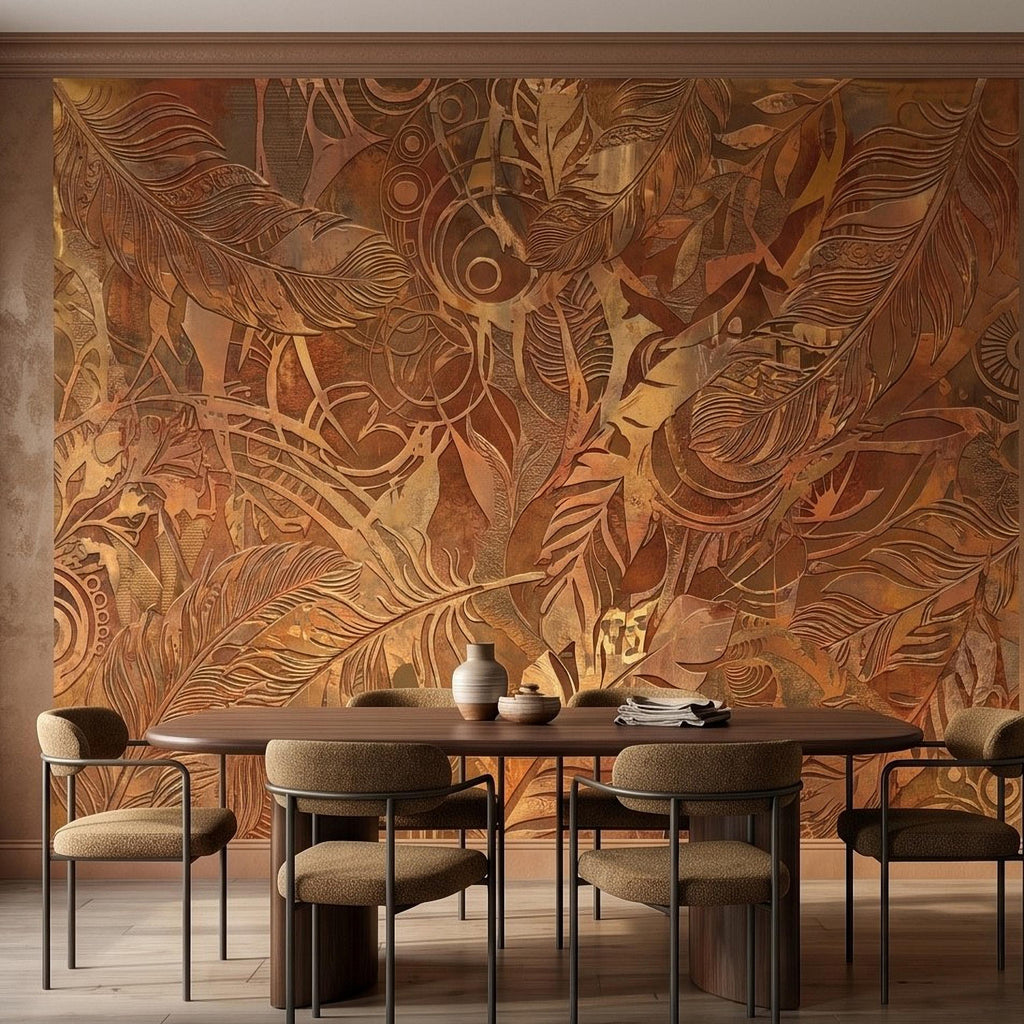 Textured Abstract Feathers Peel and Stick Wall Mural, Tribal Boho Motif, Warm Earth Tones, Ornamental Wallpaper
