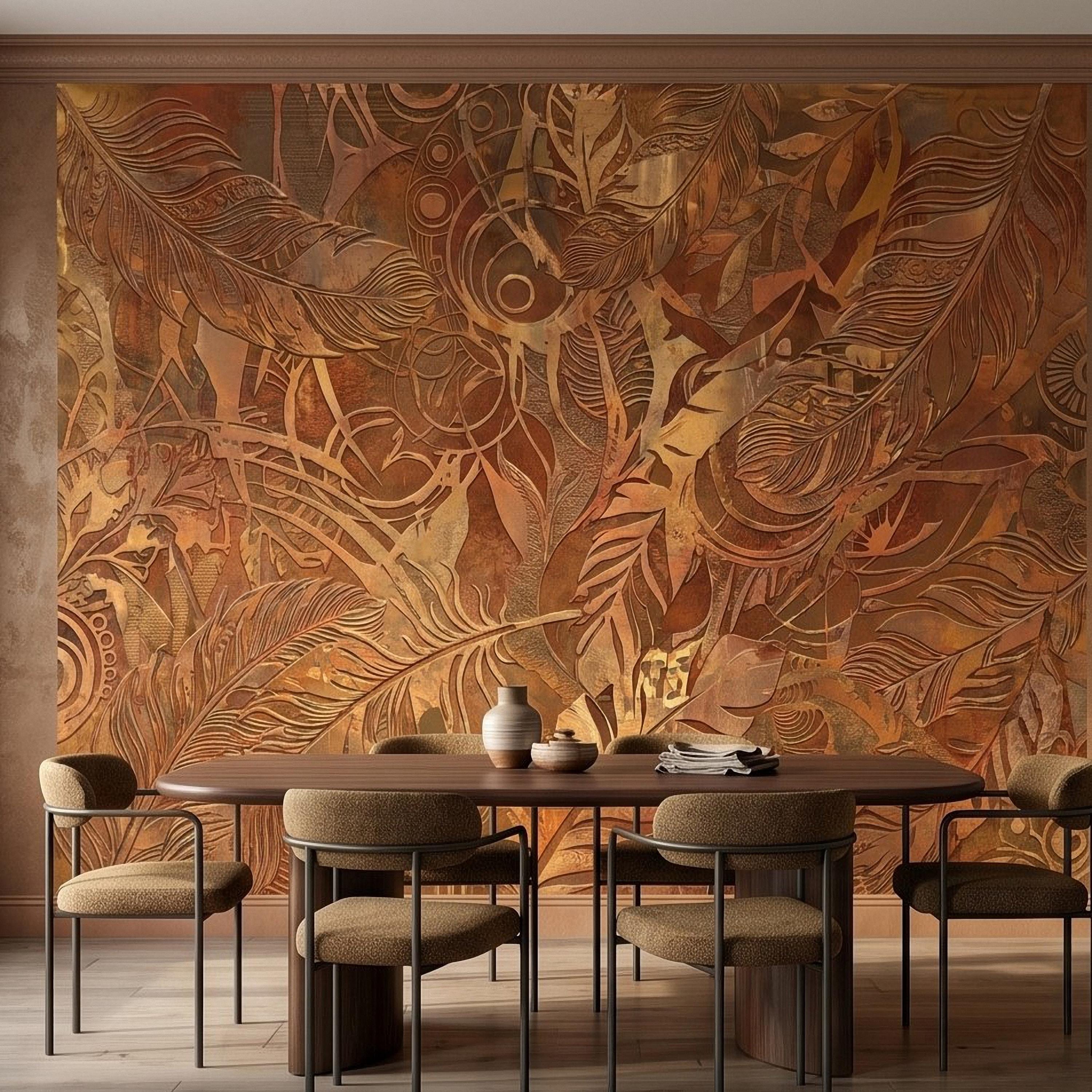 Textured Abstract Feathers Peel and Stick Wall Mural, Tribal Boho Motif, Warm Earth Tones, Ornamental Wallpaper