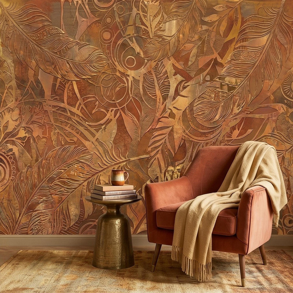 Textured Abstract Feathers Peel and Stick Wall Mural, Tribal Boho Motif, Warm Earth Tones, Ornamental Wallpaper