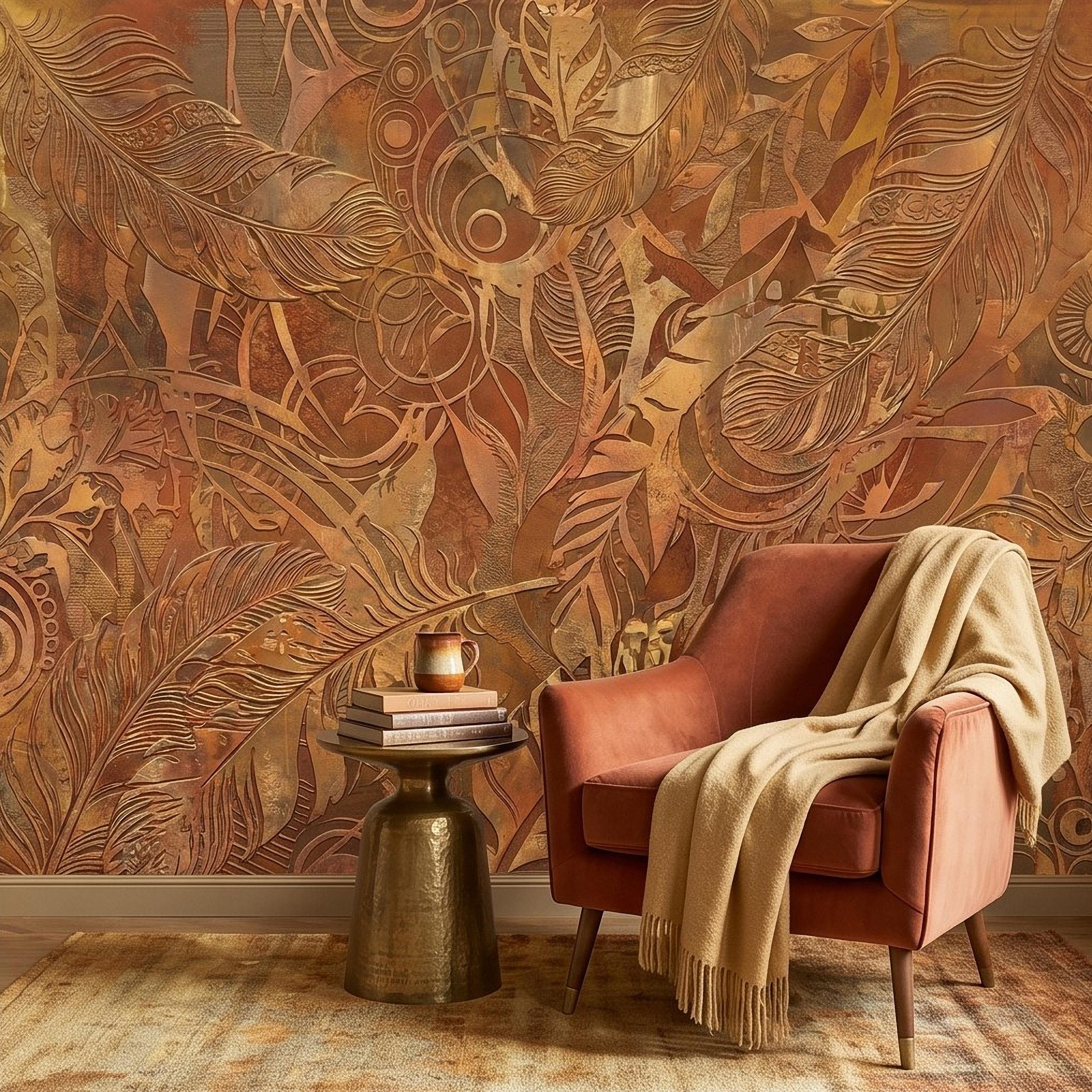 Textured Abstract Feathers Peel and Stick Wall Mural, Tribal Boho Motif, Warm Earth Tones, Ornamental Wallpaper