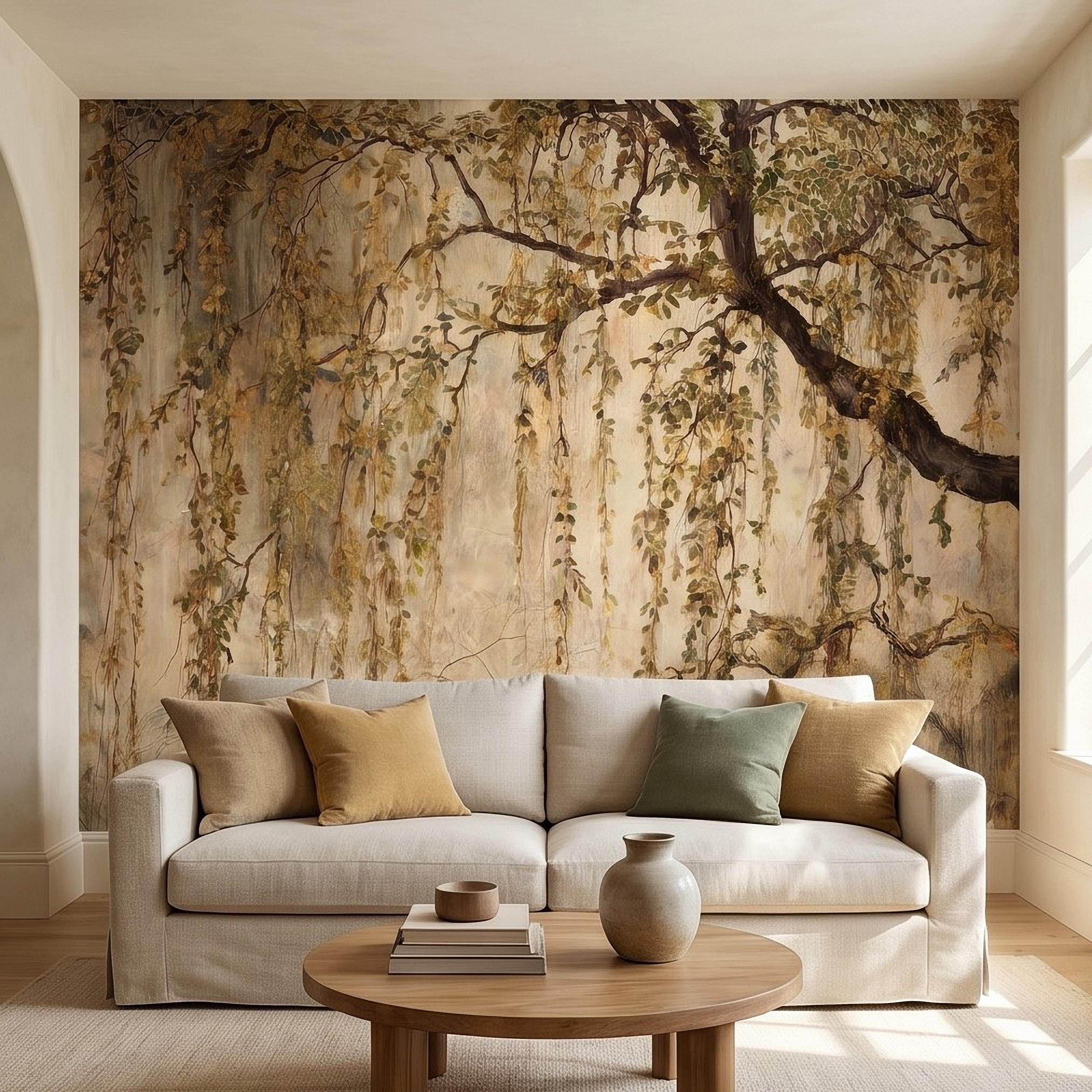 Vintage Weeping Willow Peel and Stick Wall Mural, Cascading Willow Branches, Woodland Canopy Botanical Wallpaper