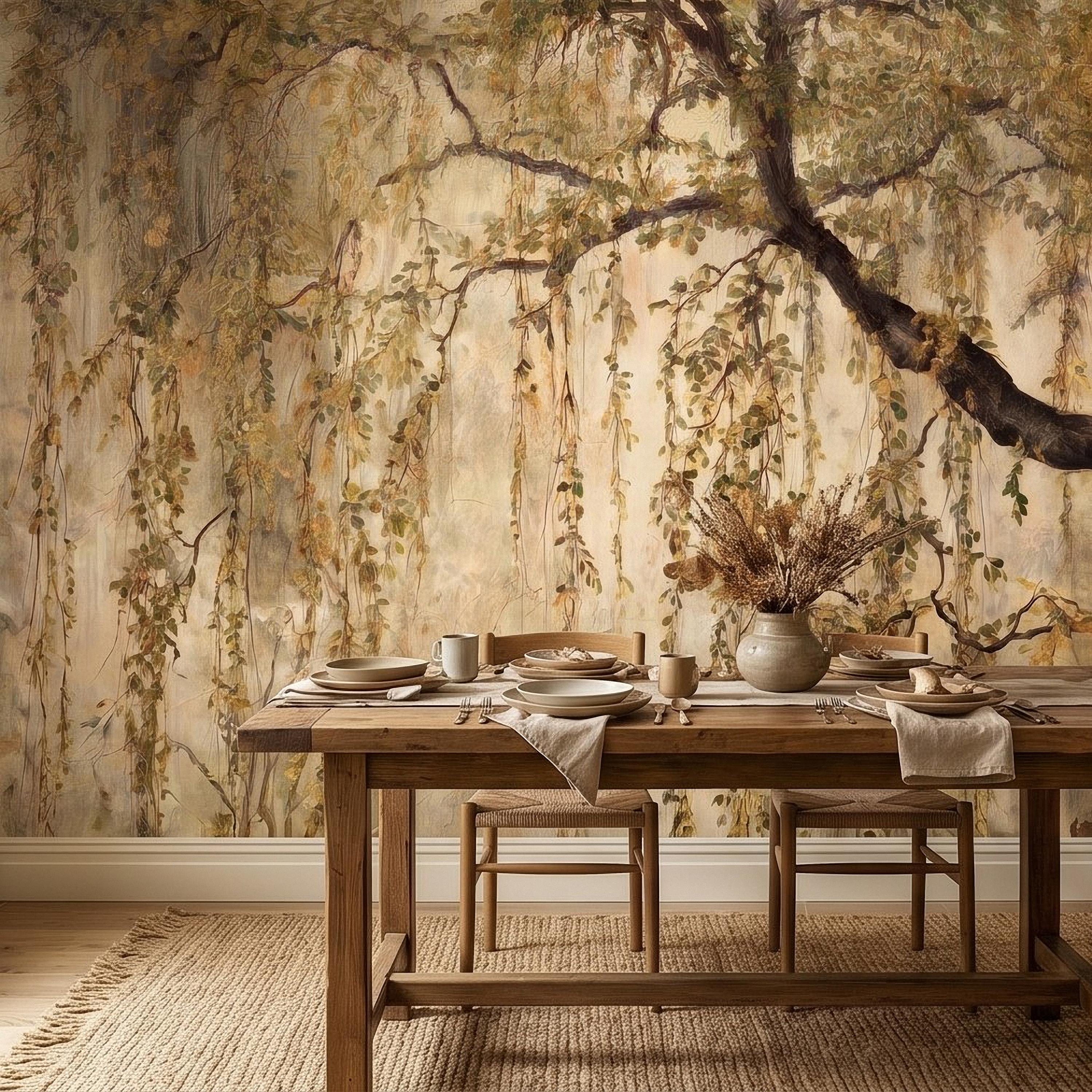 Vintage Weeping Willow Peel and Stick Wall Mural, Cascading Willow Branches, Woodland Canopy Botanical Wallpaper