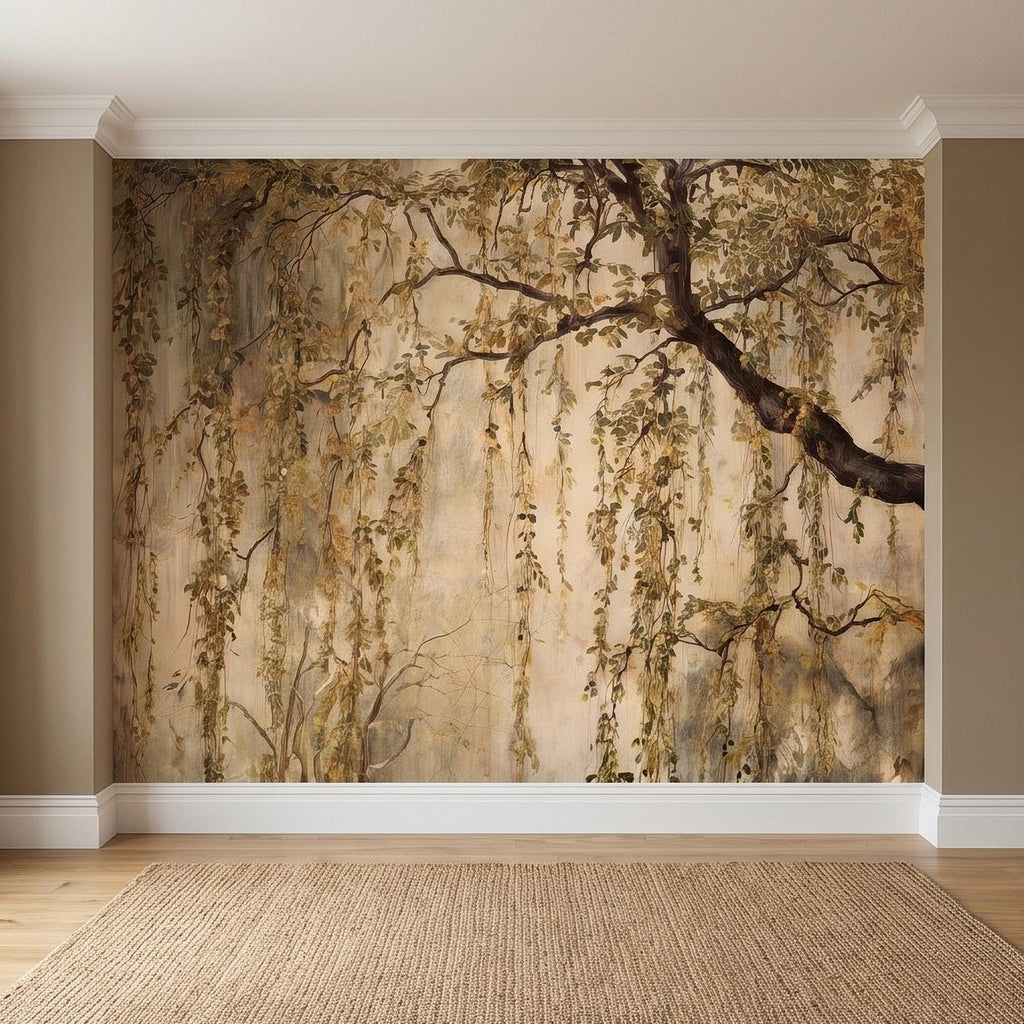 Vintage Weeping Willow Peel and Stick Wall Mural, Cascading Willow Branches, Woodland Canopy Botanical Wallpaper
