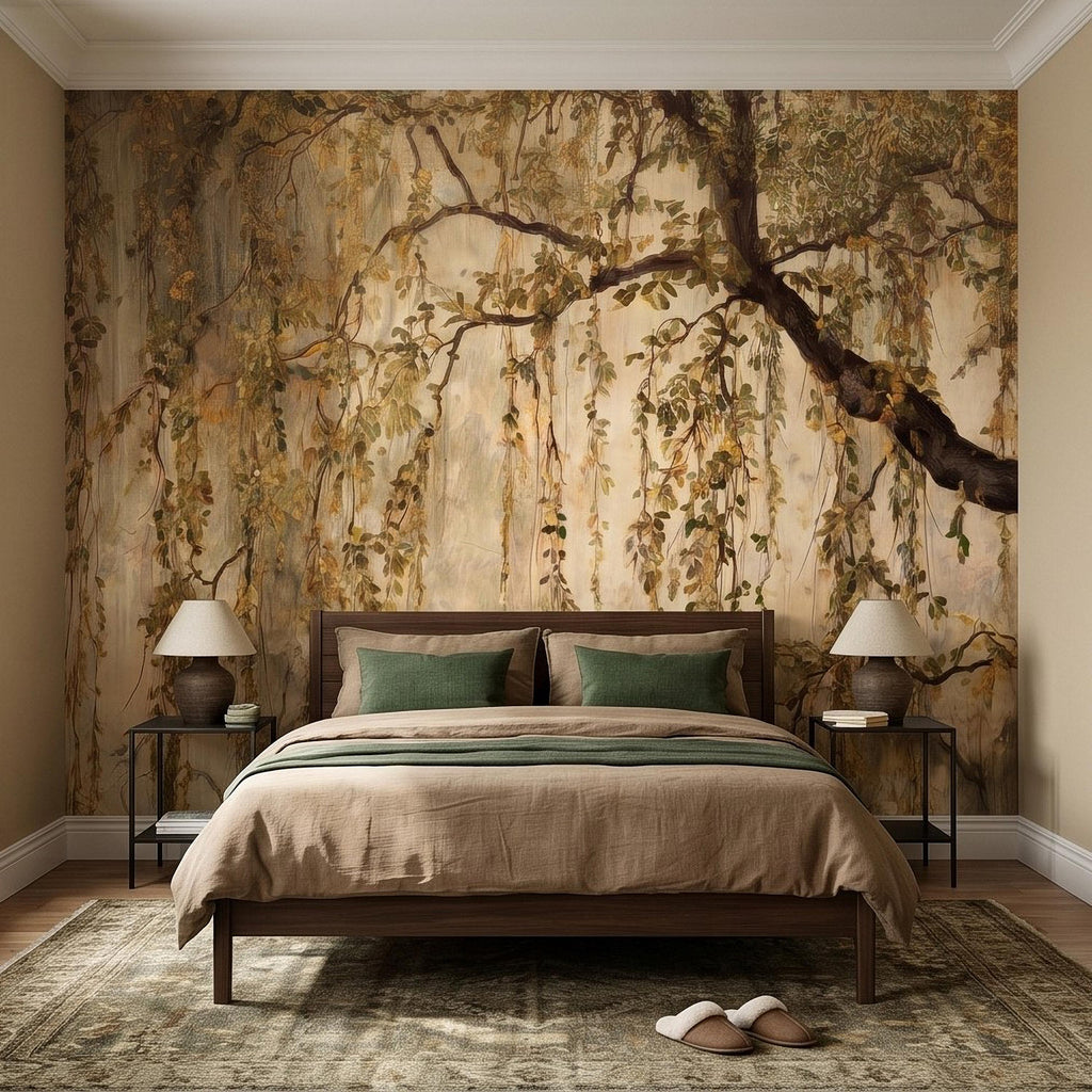 Vintage Weeping Willow Peel and Stick Wall Mural, Cascading Willow Branches, Woodland Canopy Botanical Wallpaper