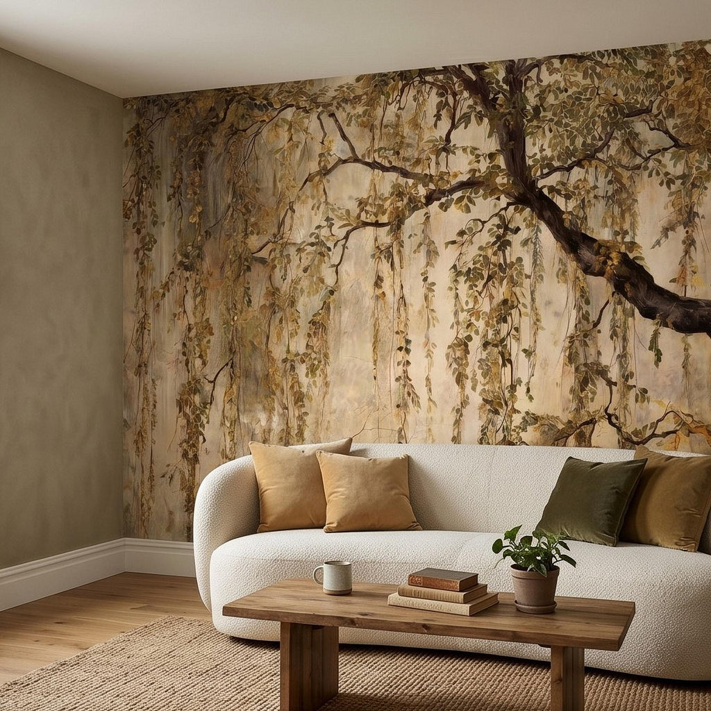 Vintage Weeping Willow Peel and Stick Wall Mural, Cascading Willow Branches, Woodland Canopy Botanical Wallpaper
